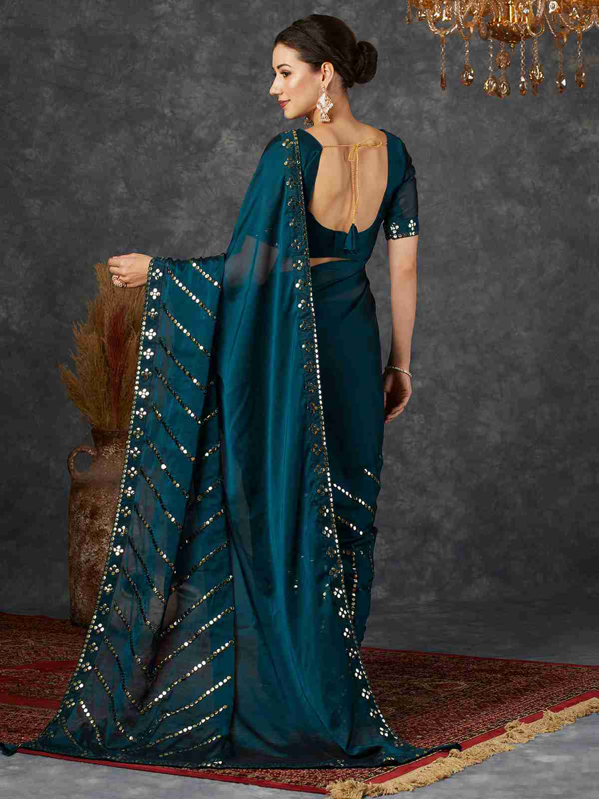 Rama Blue Georgette Plain Mirror Work Saree