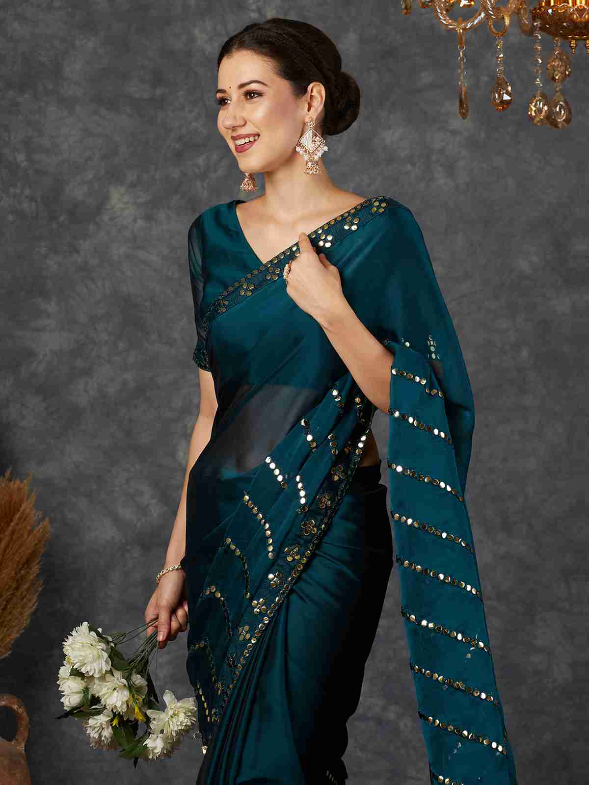 Rama Blue Georgette Plain Mirror Work Saree