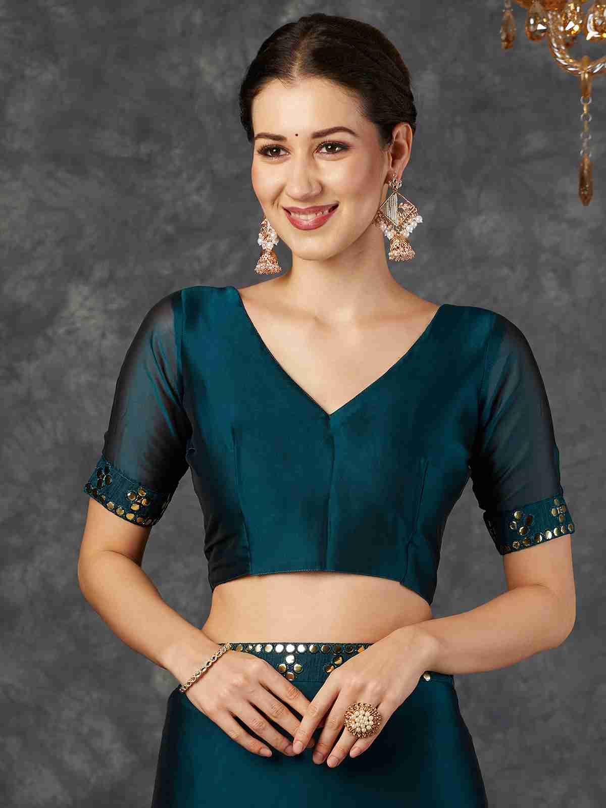 Rama Blue Georgette Plain Mirror Work Saree