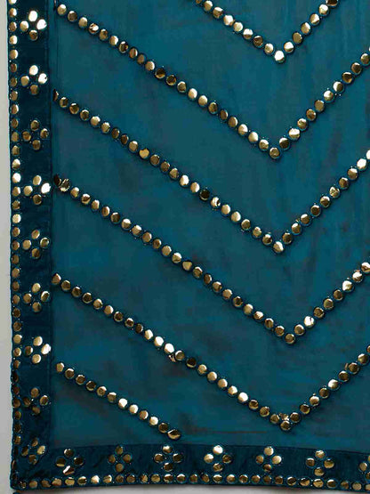 Rama Blue Georgette Plain Mirror Work Saree