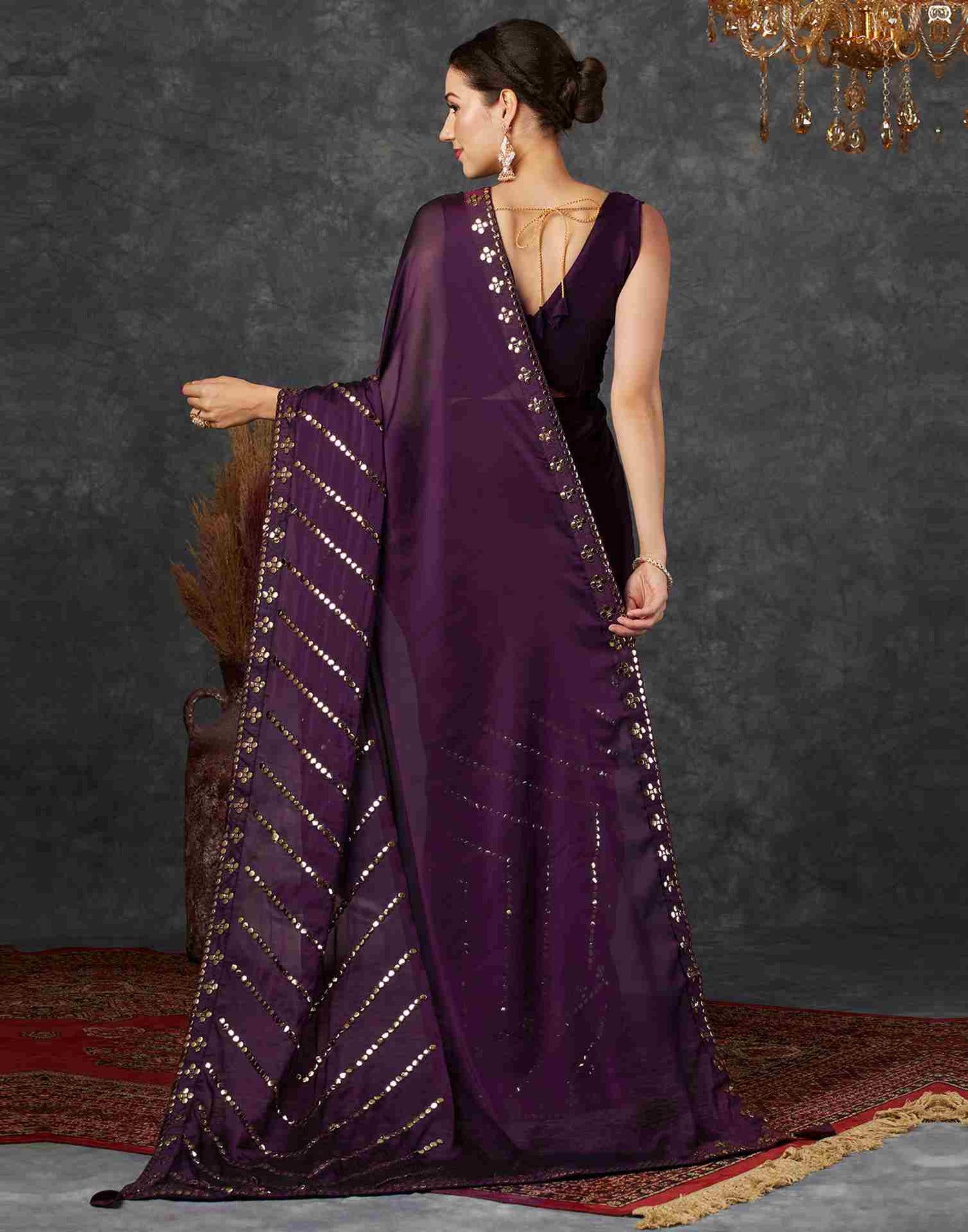 Wine Georgette Plain Mirror Work Saree