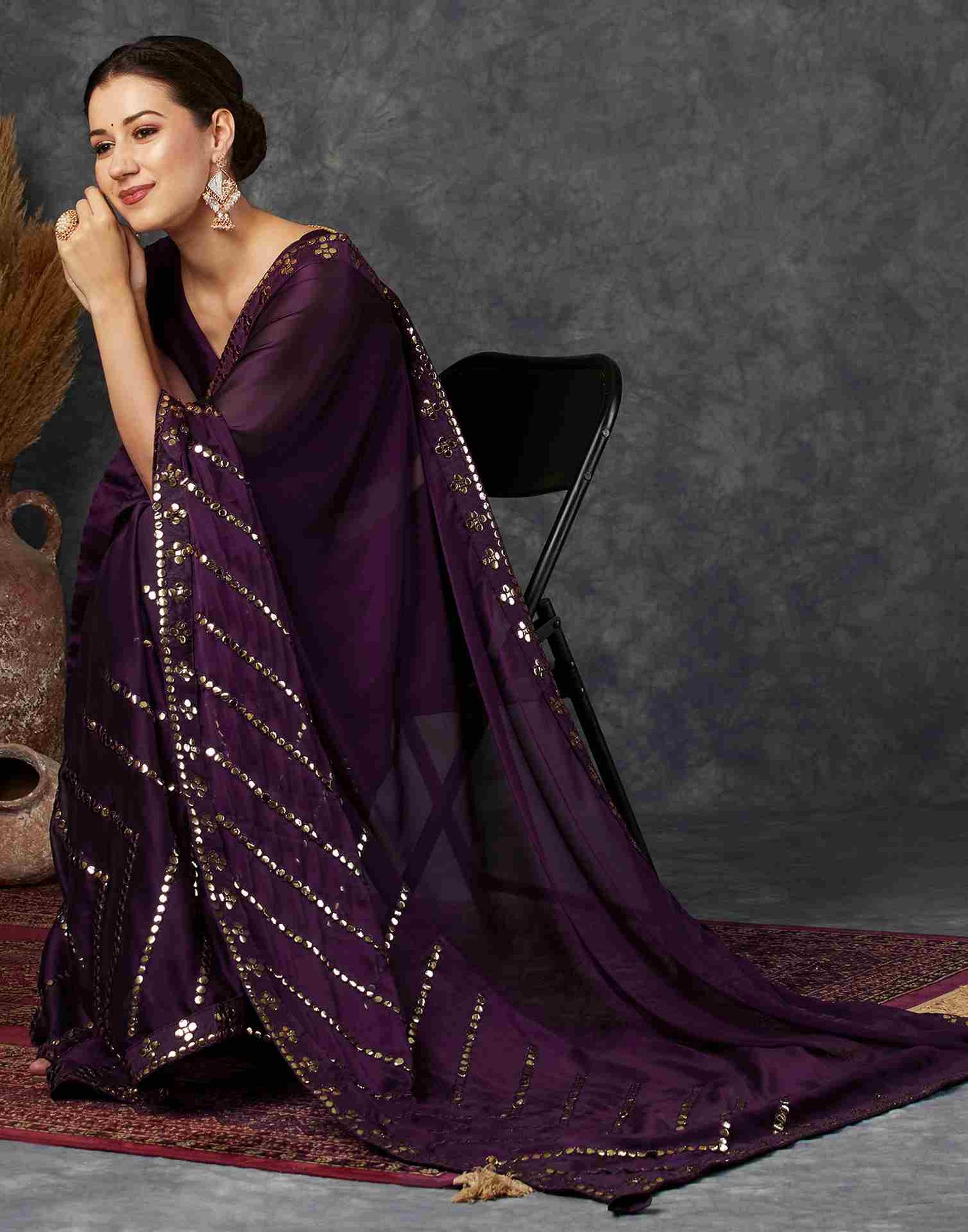 Wine Georgette Plain Mirror Work Saree