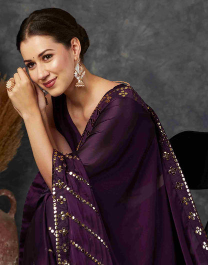 Wine Georgette Plain Mirror Work Saree