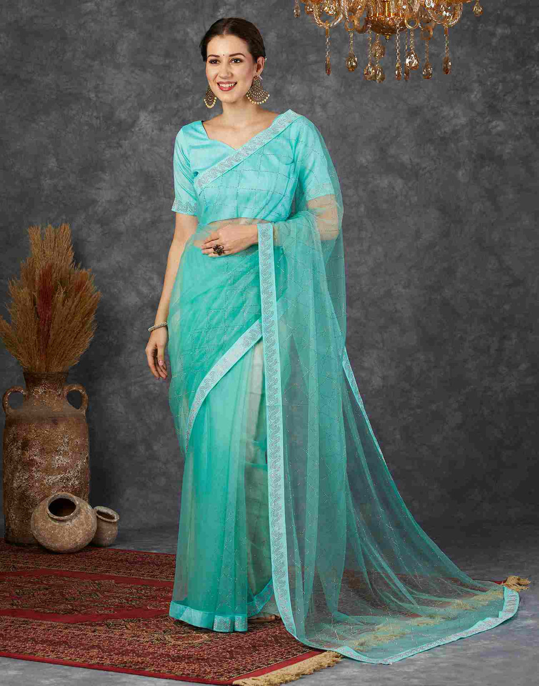 Pale Turquoise Net Plain Printed Saree