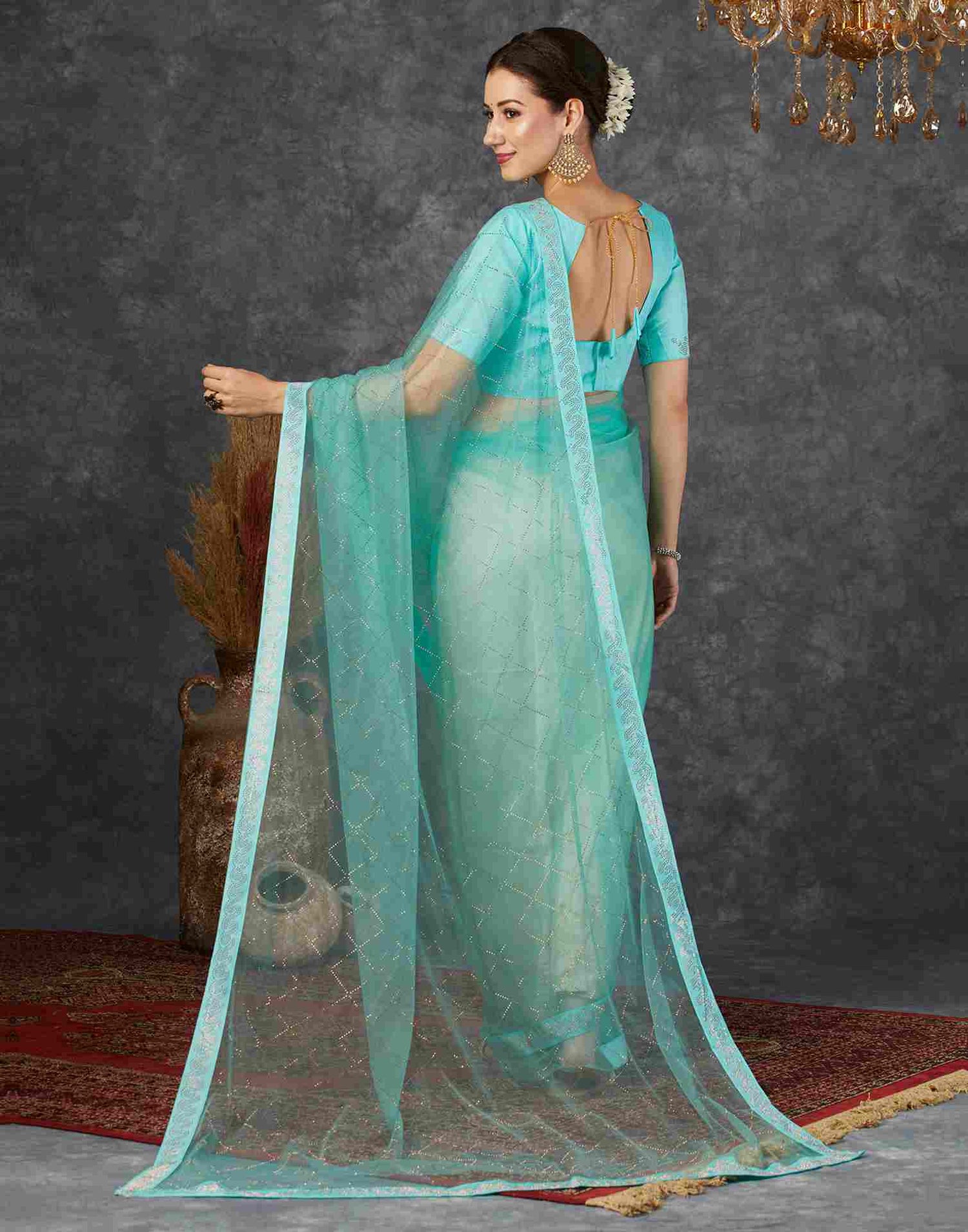 Pale Turquoise Net Plain Printed Saree