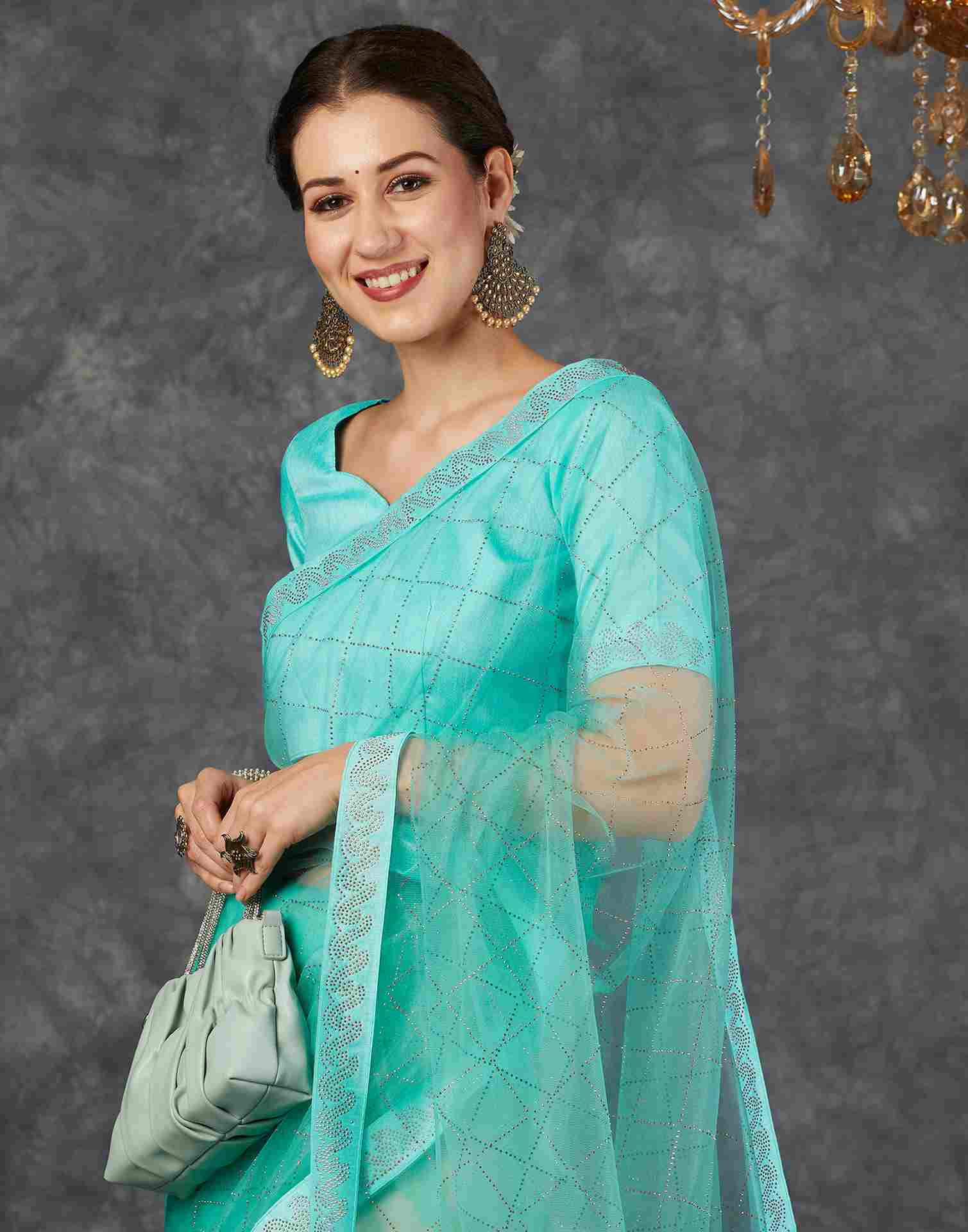 Pale Turquoise Net Plain Printed Saree