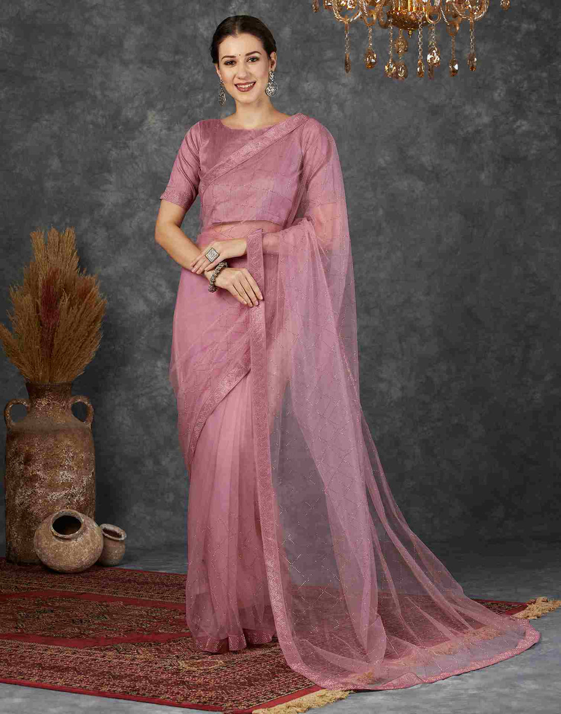 Taffy Pink Net Plain Printed Saree