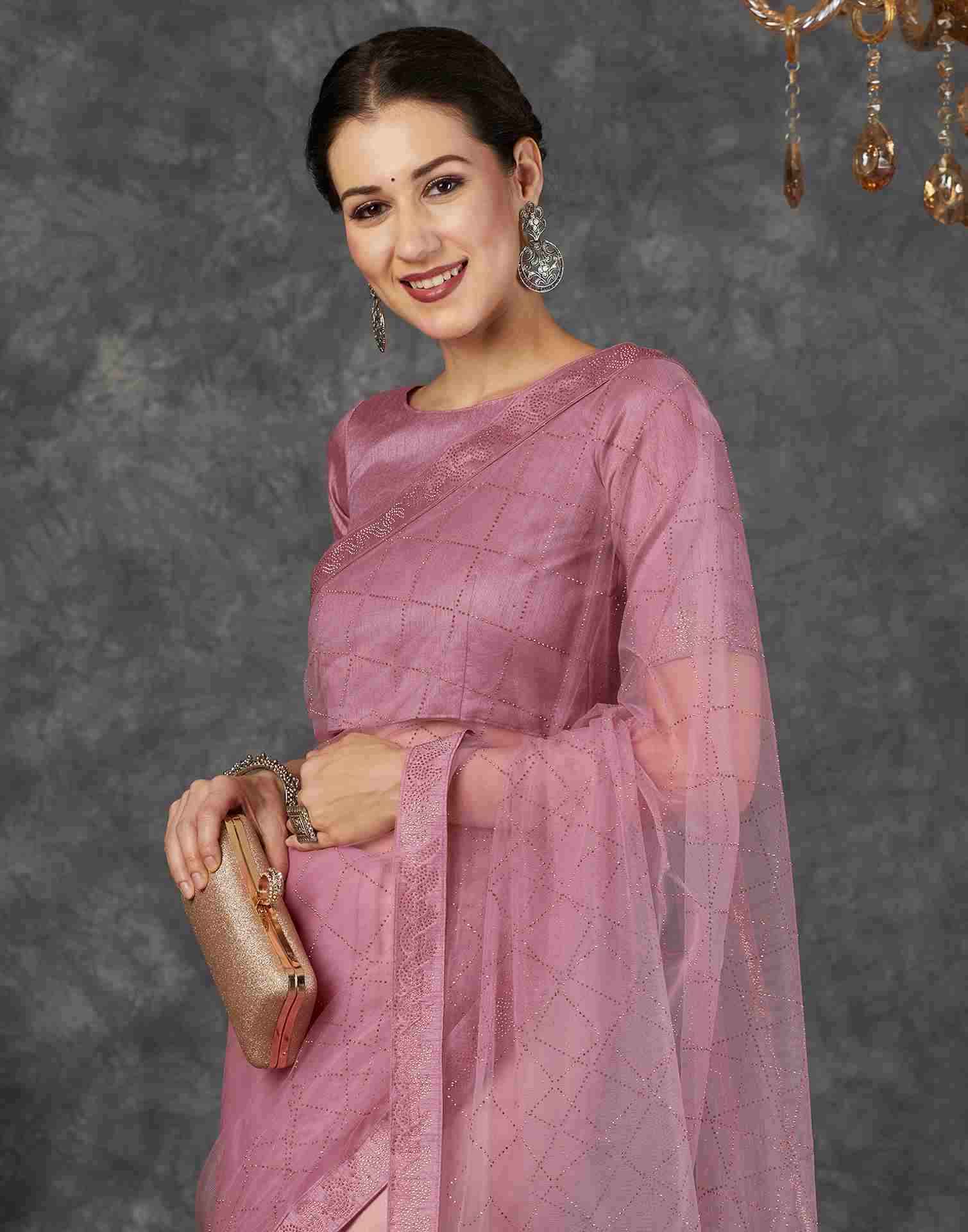 Taffy Pink Net Plain Printed Saree