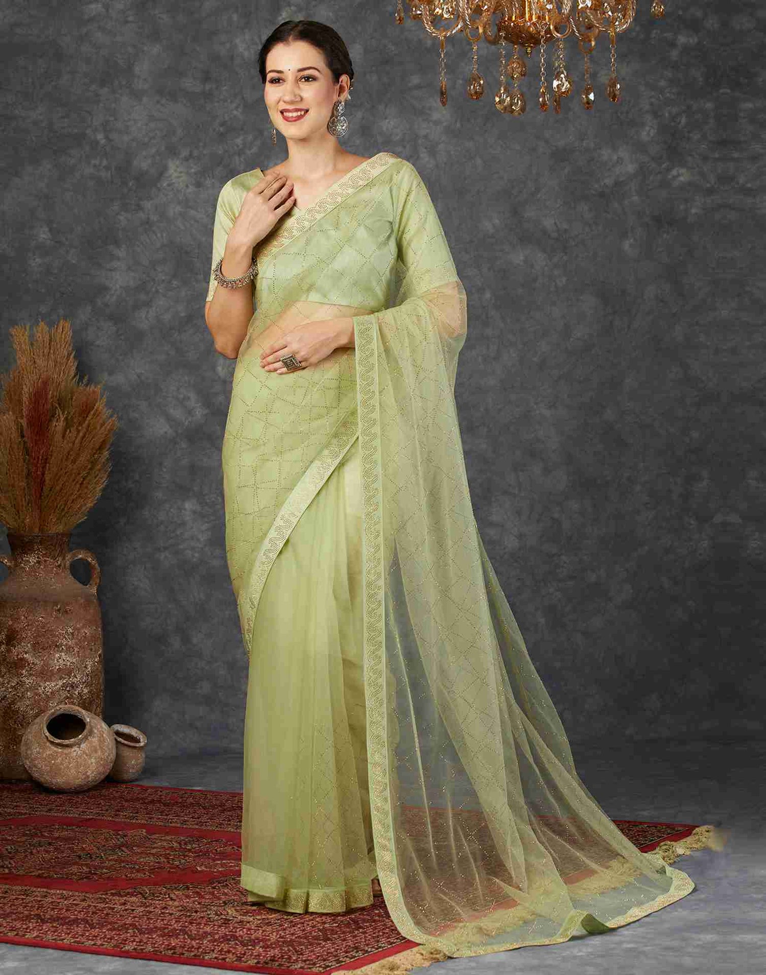 Tea Green Net Plain Printed Saree