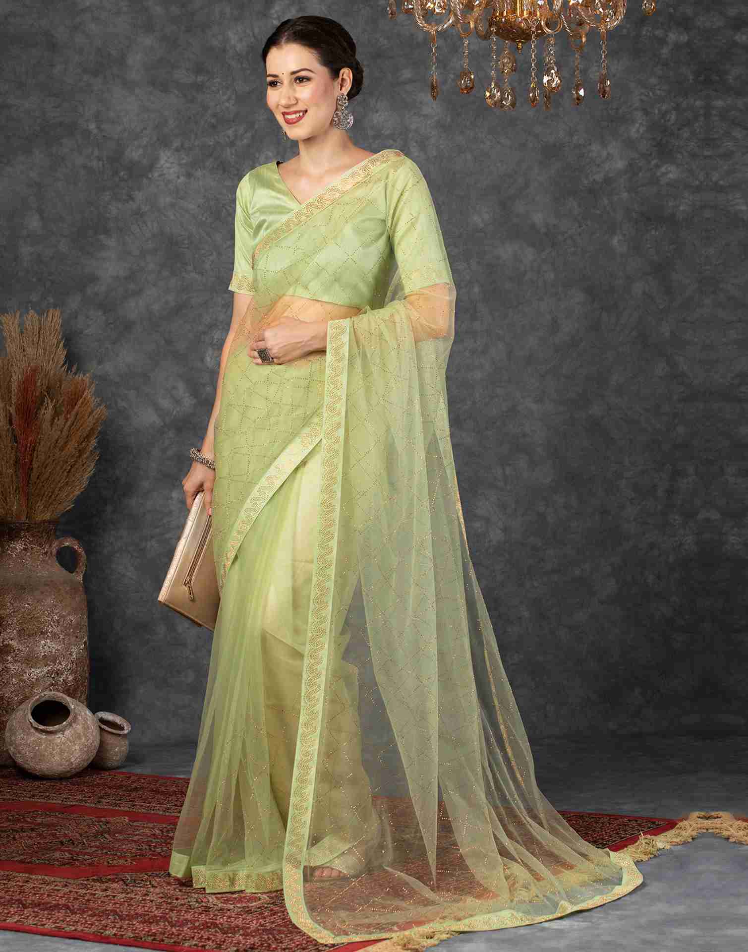 Tea Green Net Plain Printed Saree