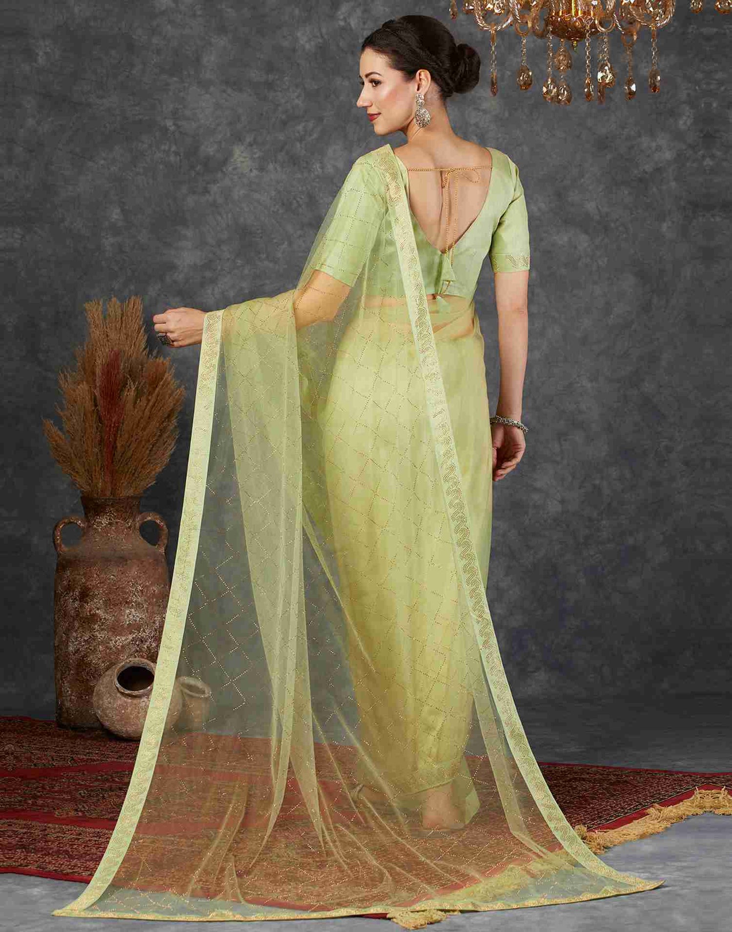 Tea Green Net Plain Printed Saree