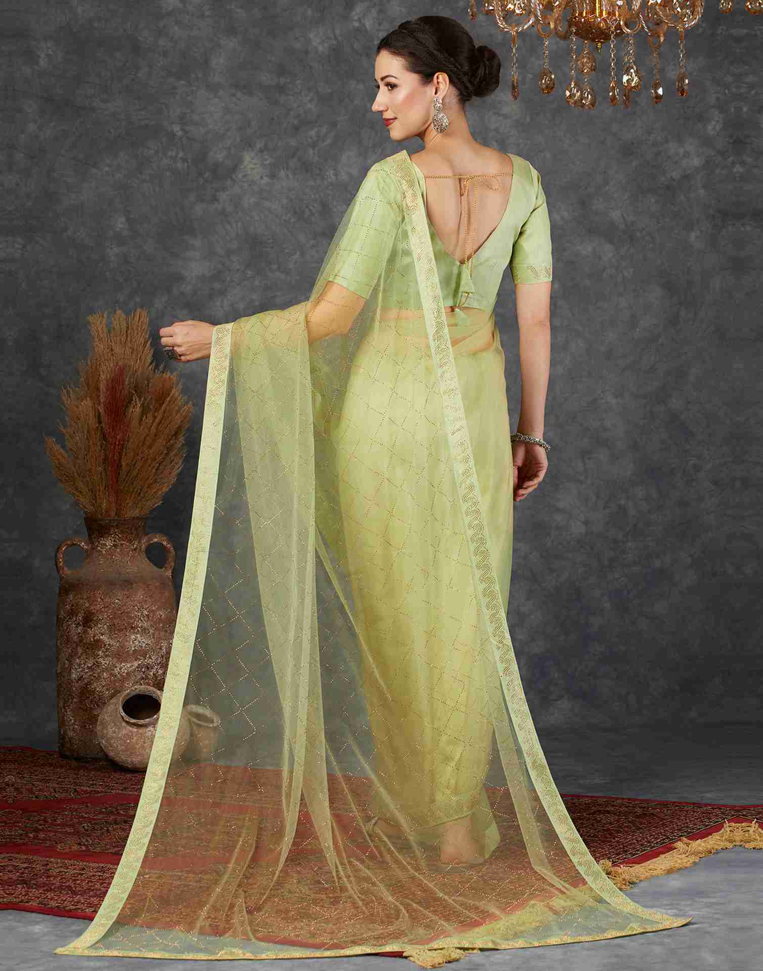 Tea Green Net Plain Printed Saree