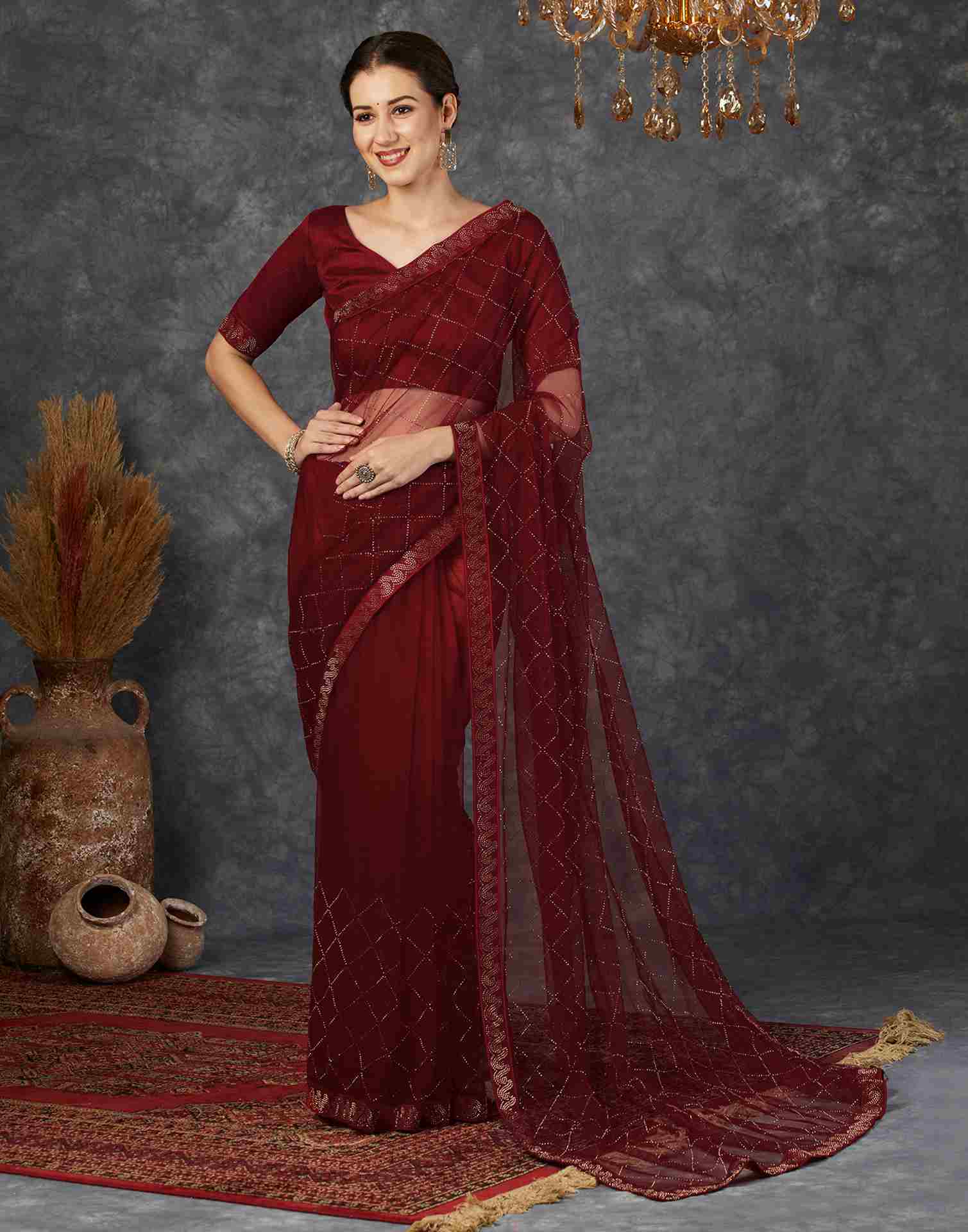 Cherry Red Net Plain Printed Saree