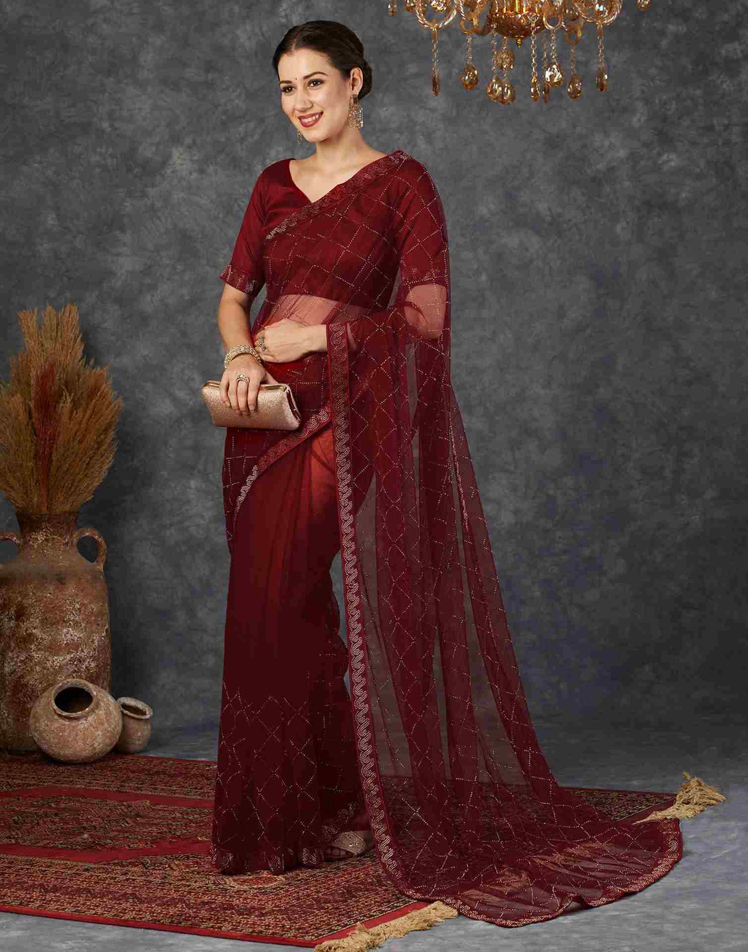 Cherry Red Net Plain Printed Saree