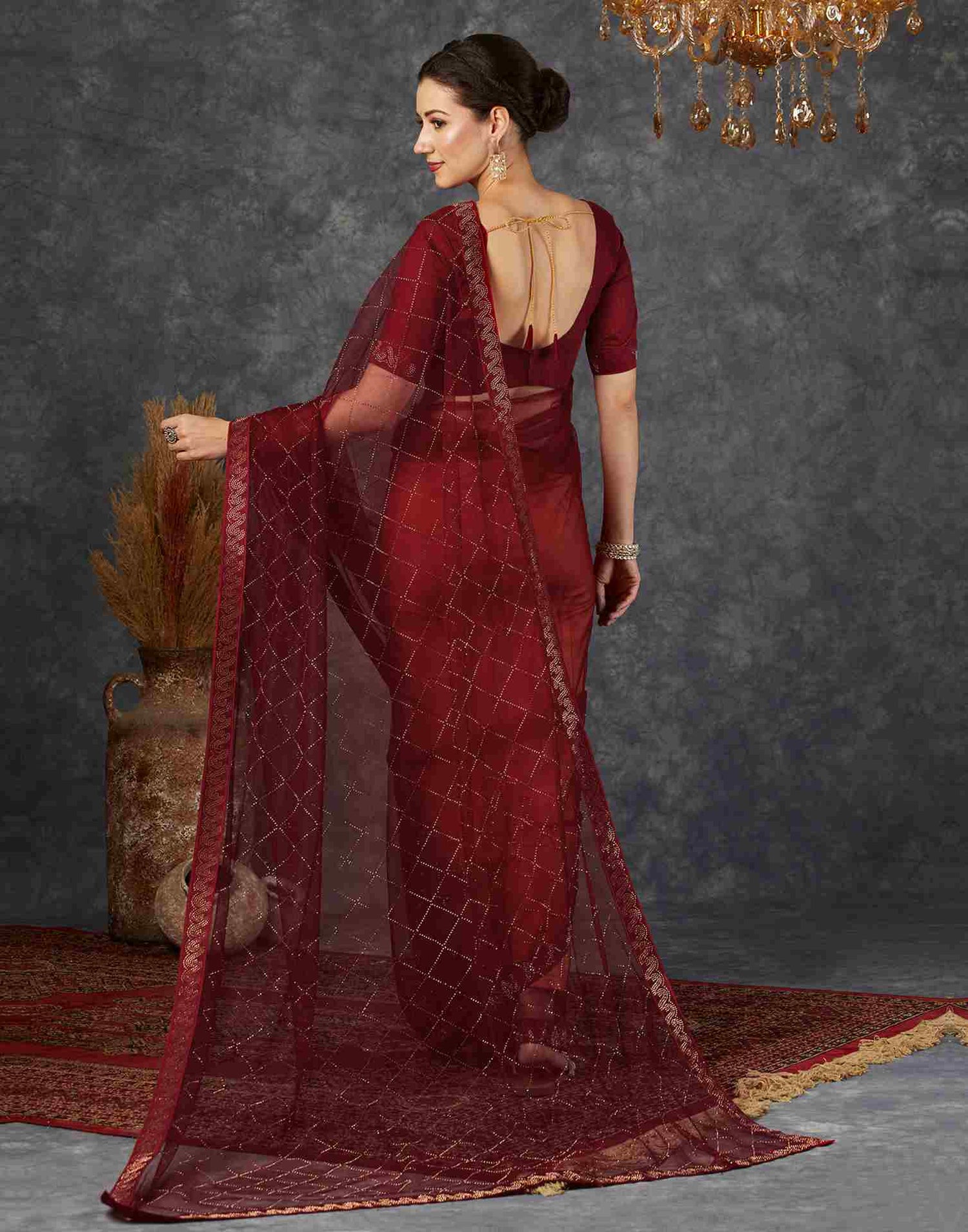 Cherry Red Net Plain Printed Saree