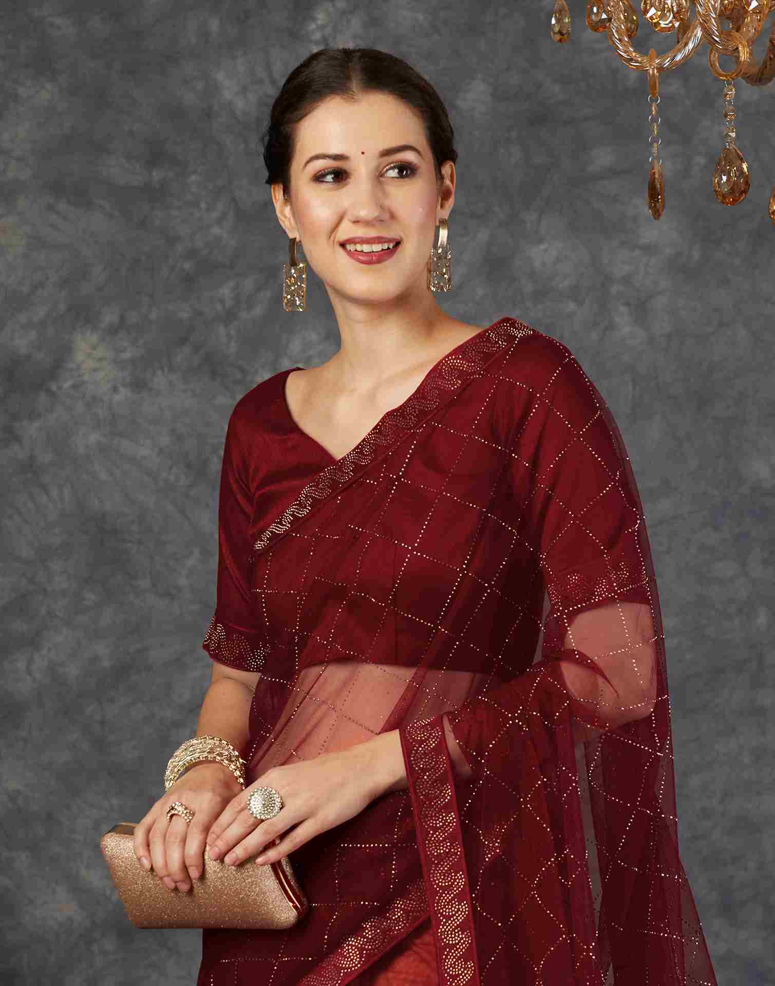 Cherry Red Net Plain Printed Saree