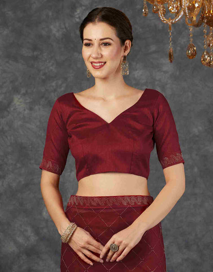 Cherry Red Net Plain Printed Saree