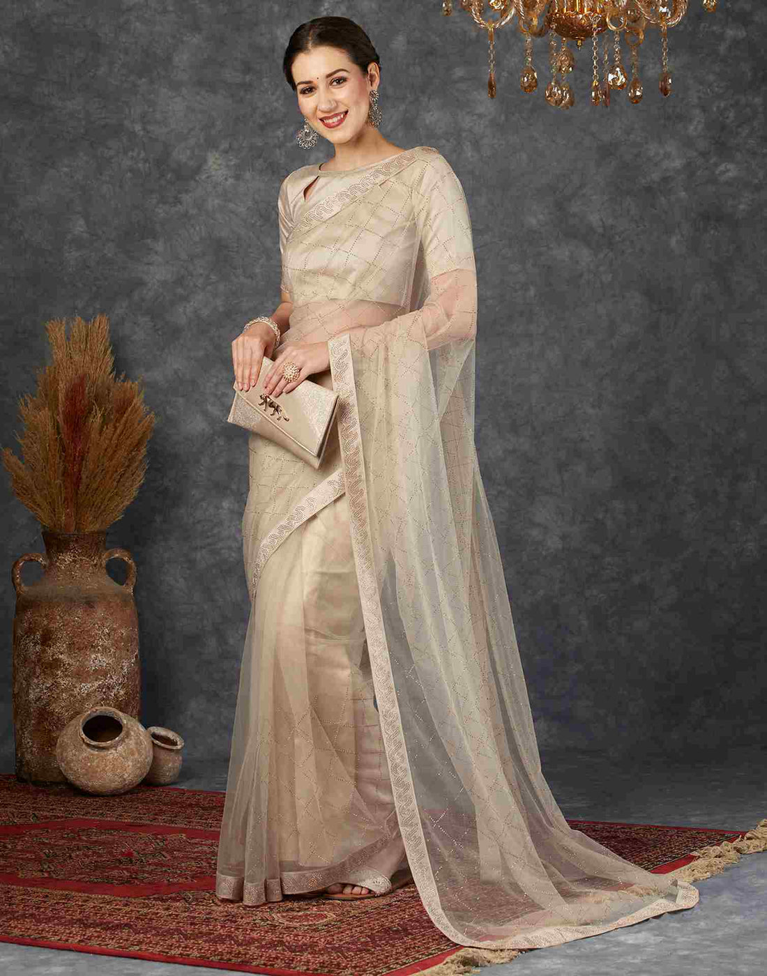 Light Beige Net Plain Printed Saree