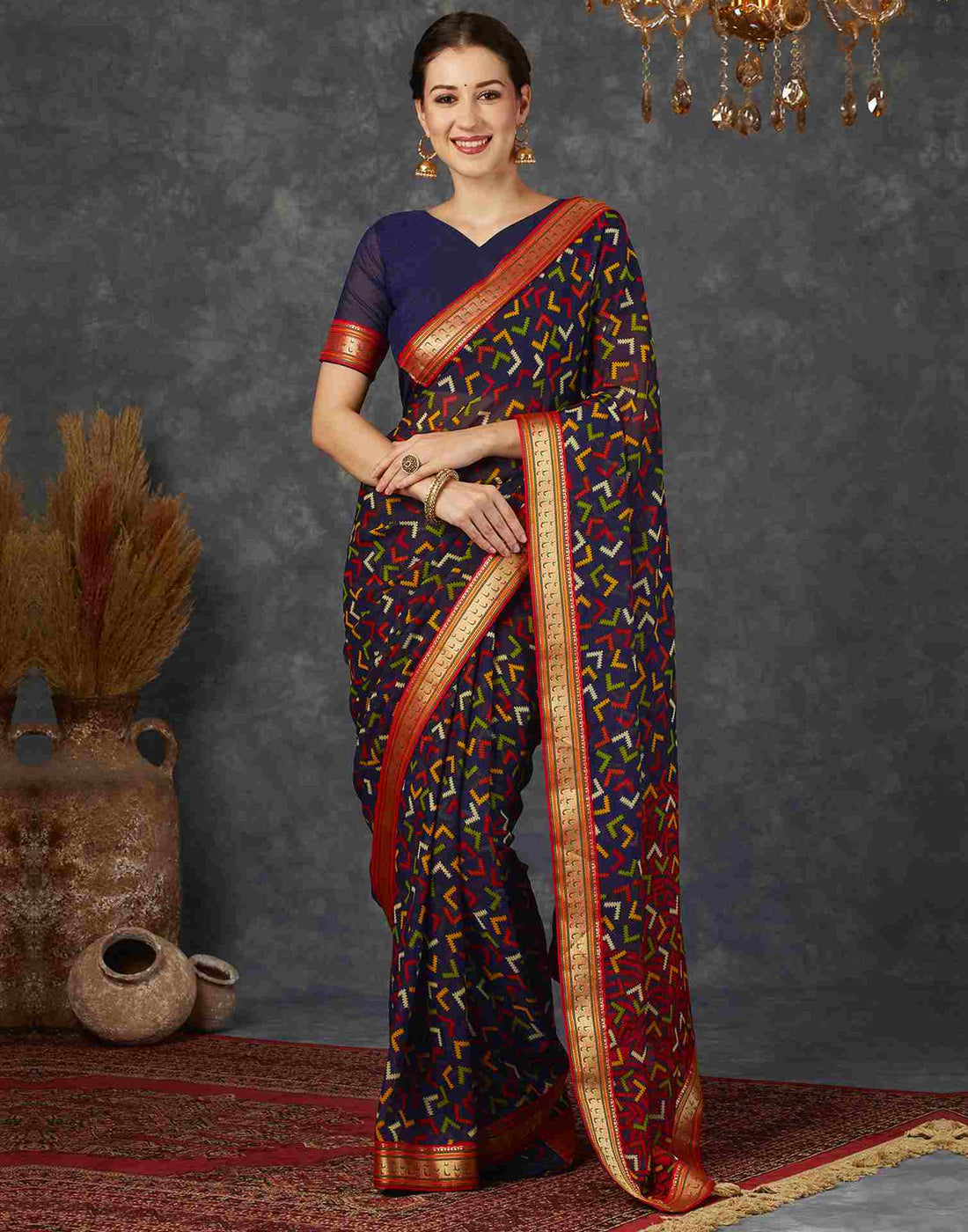 Navy Blue Georgette Printed Saree