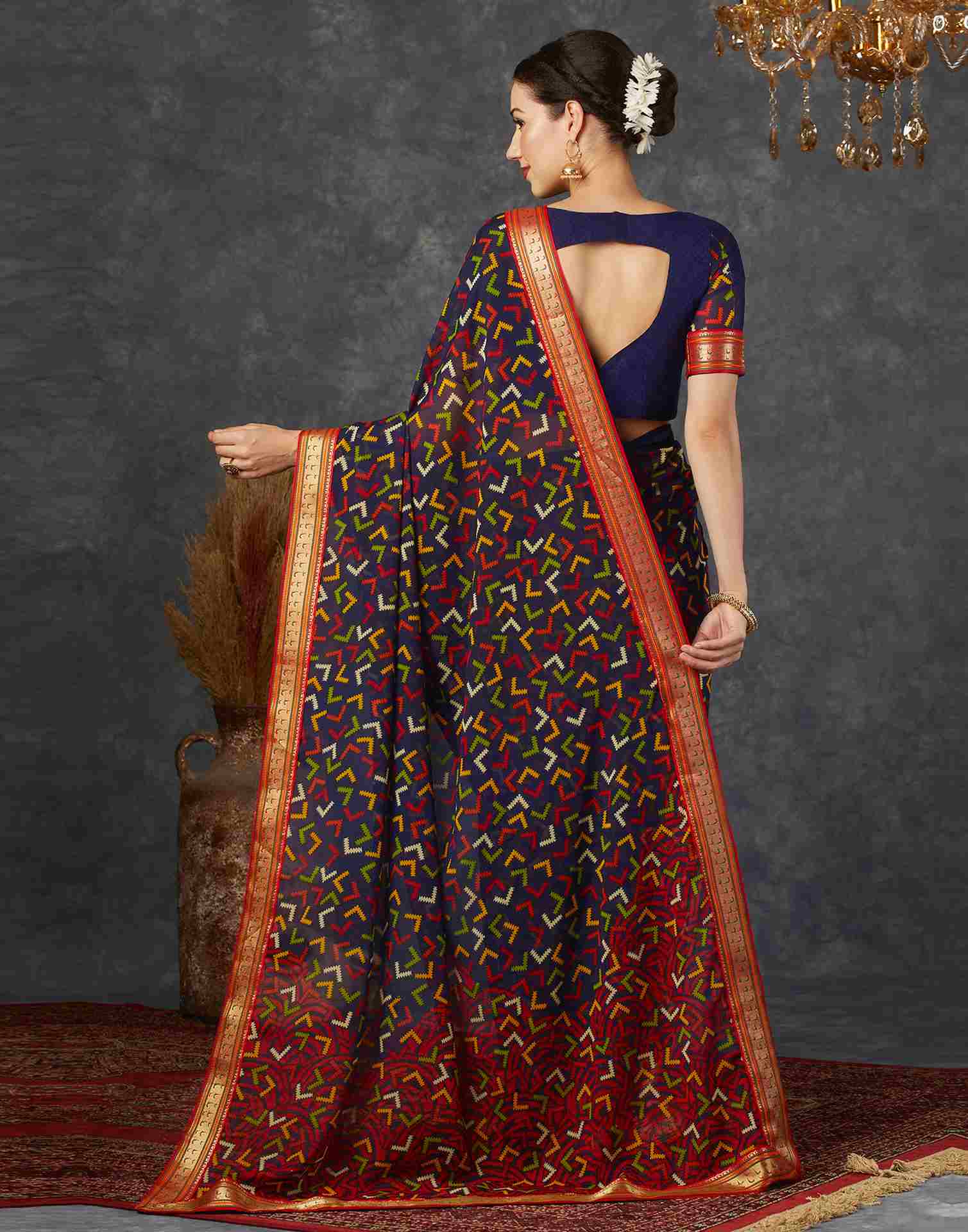 Navy Blue Georgette Printed Saree