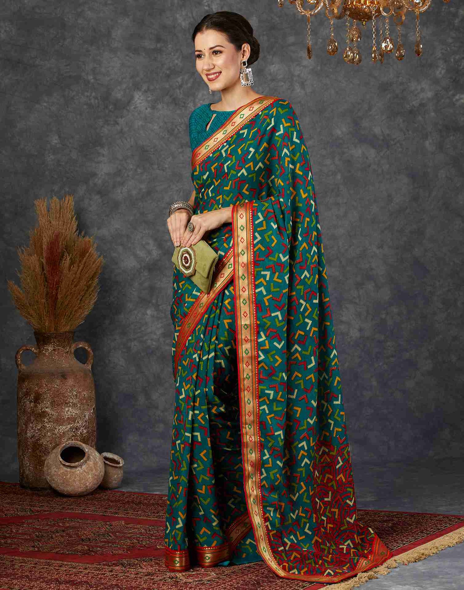 Teal Green Georgette Printed Saree