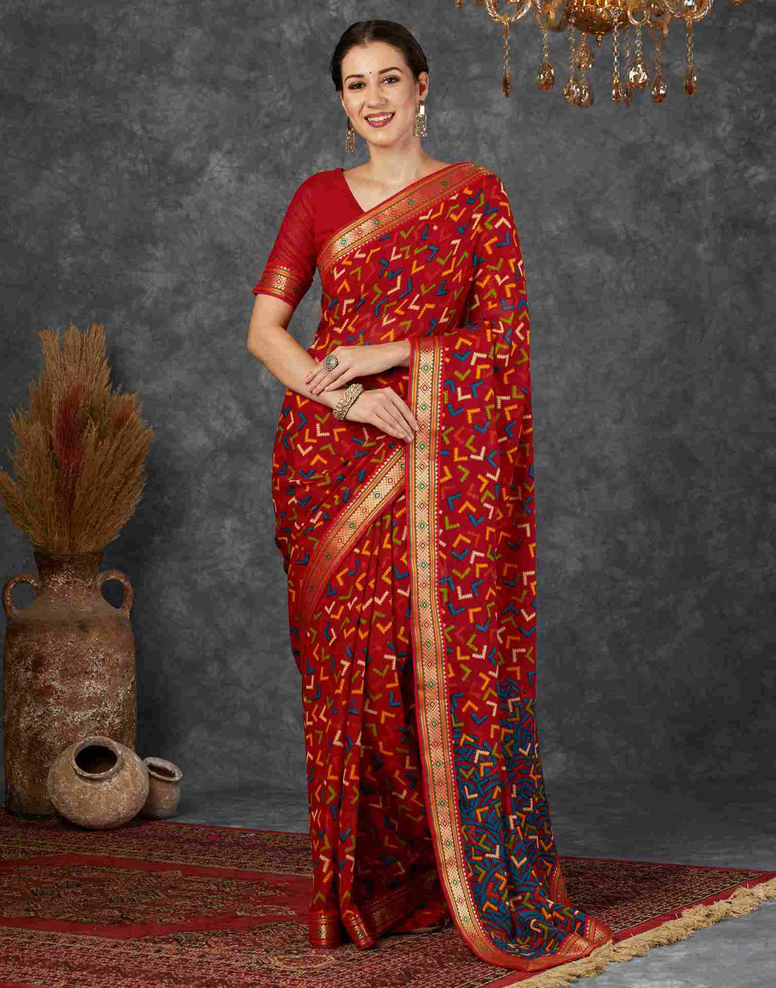 Red Georgette Printed Saree