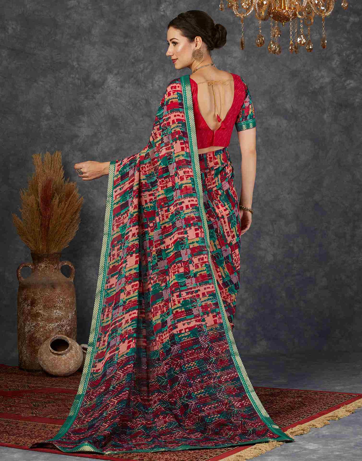 Teal Blue Georgette Printed Saree