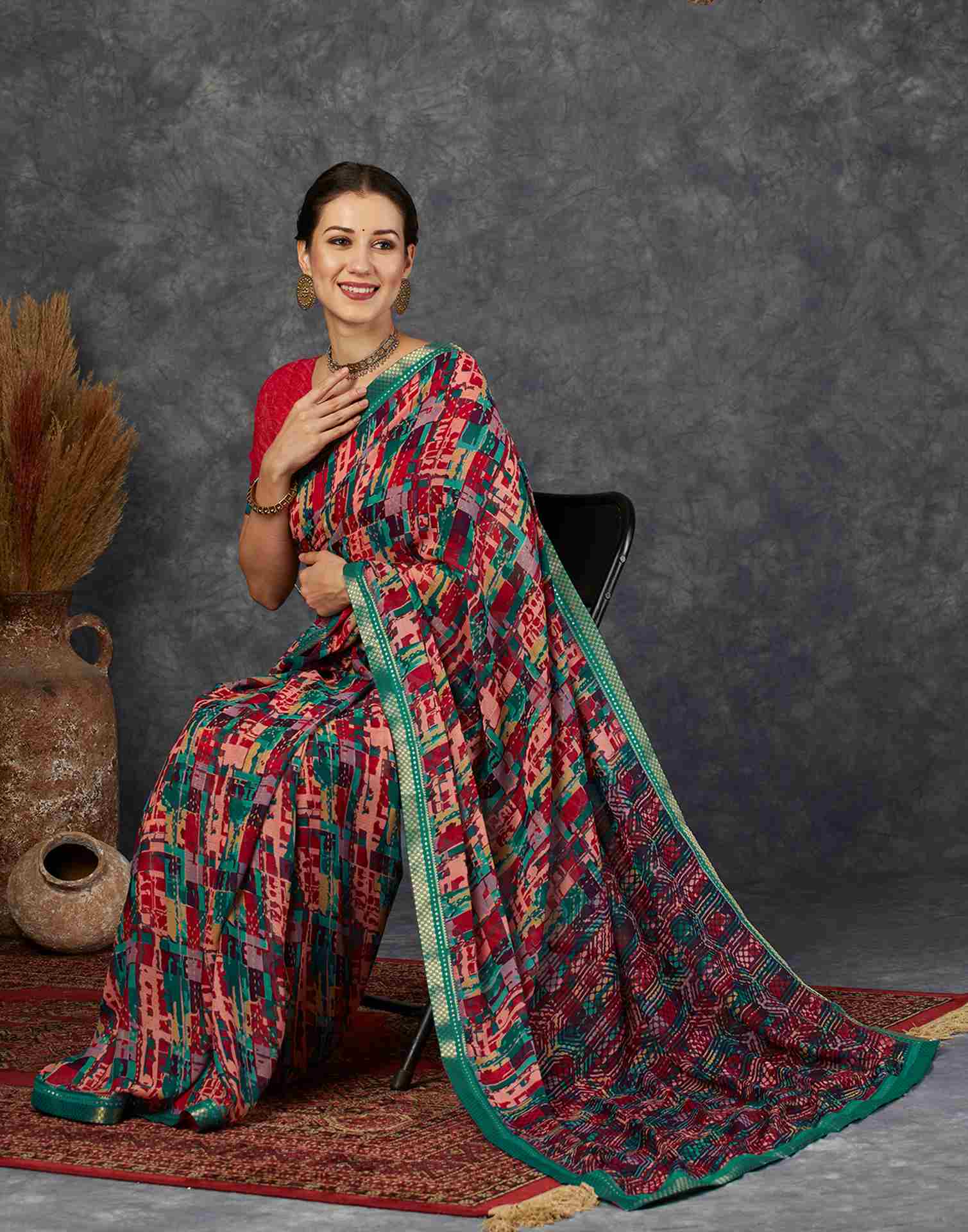 Teal Blue Georgette Printed Saree