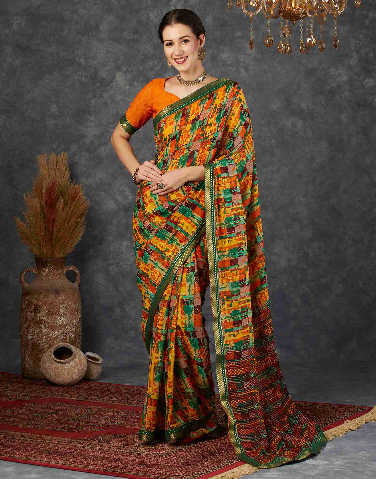 Dark Green Georgette Printed Saree