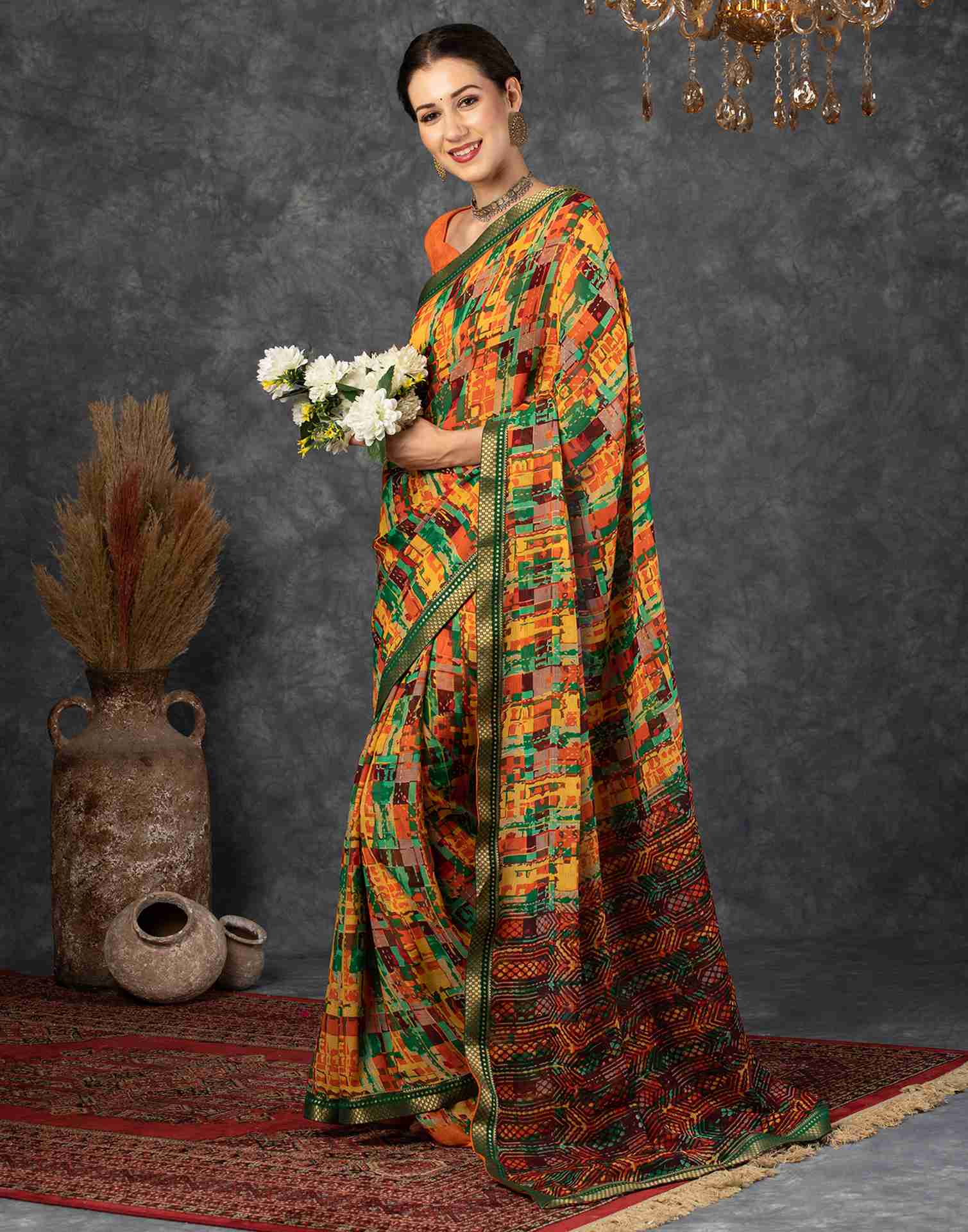 Dark Green Georgette Printed Saree