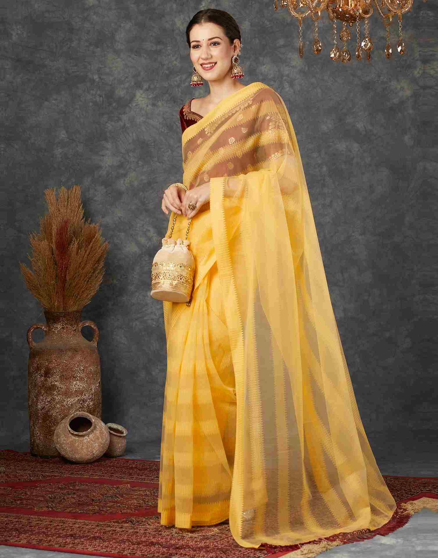 Yellow Net Plain Saree