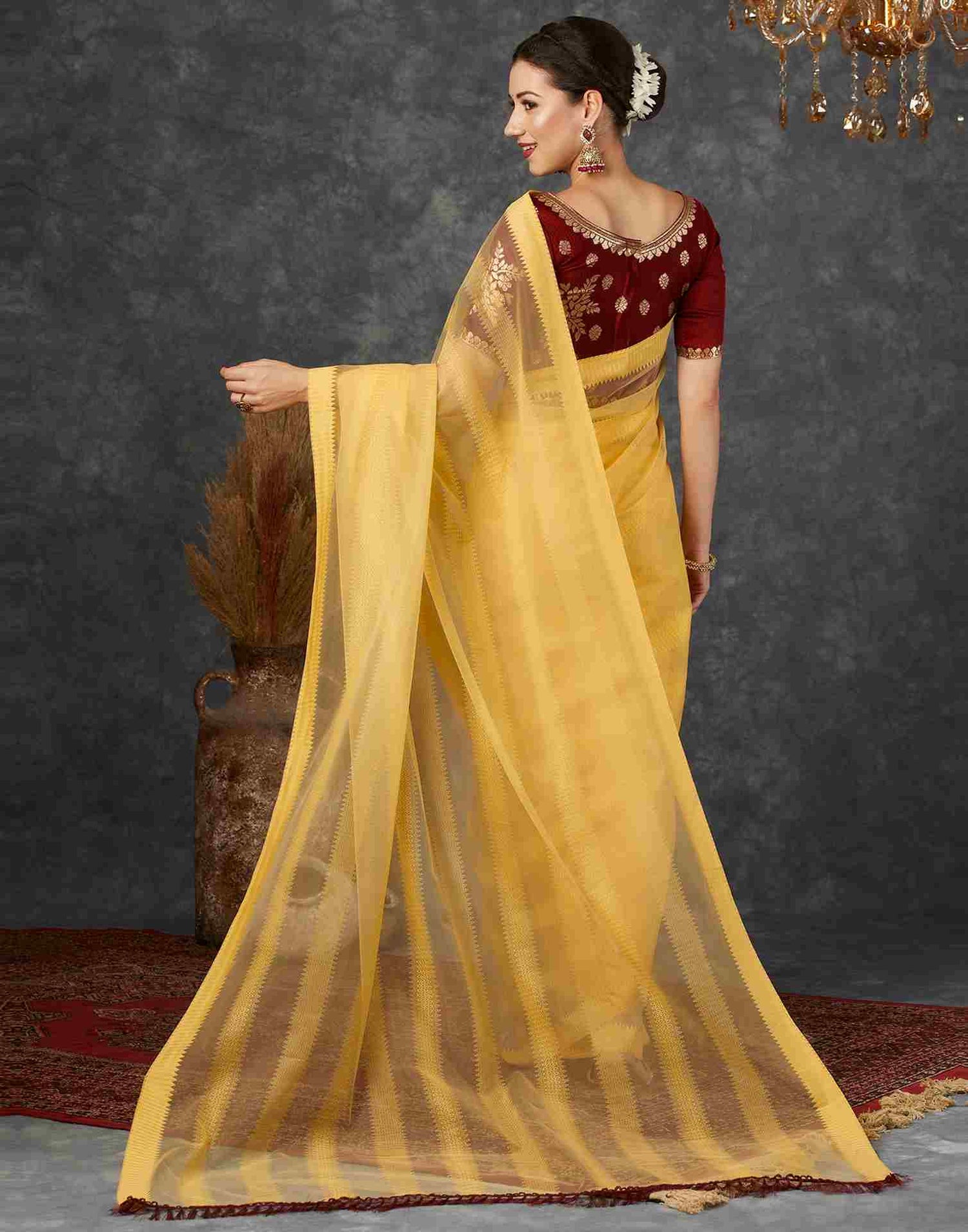 Yellow Net Plain Saree