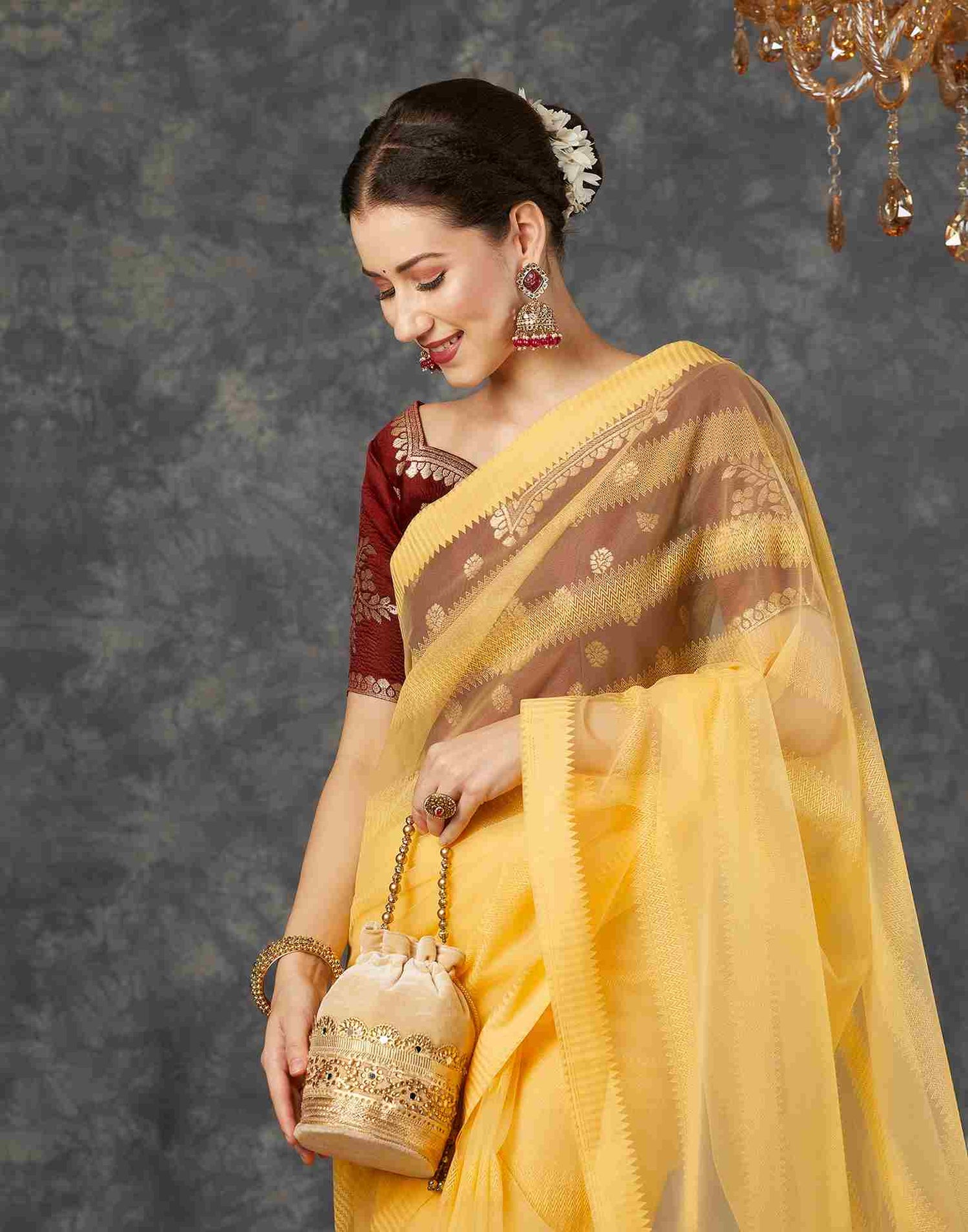 Yellow Net Plain Saree