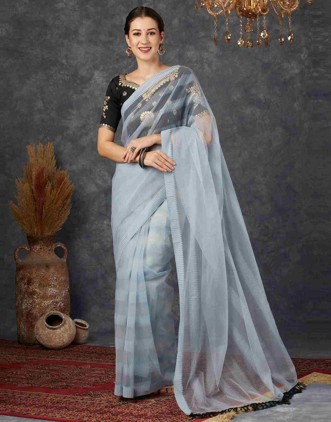 Steel Grey Net Plain Saree