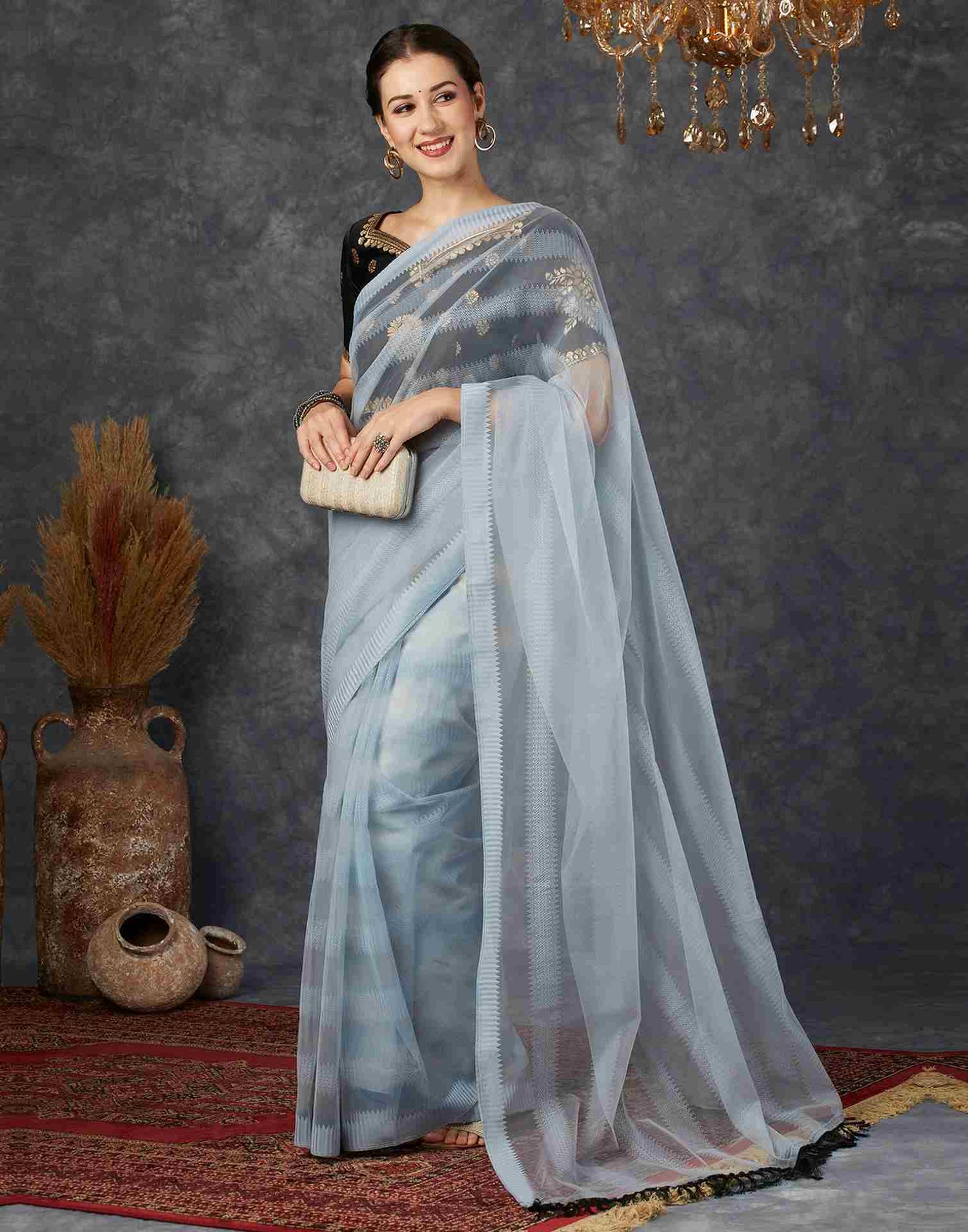 Steel Grey Net Plain Saree