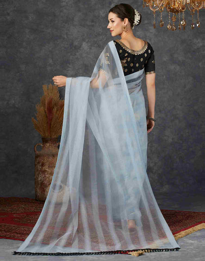 Steel Grey Net Plain Saree