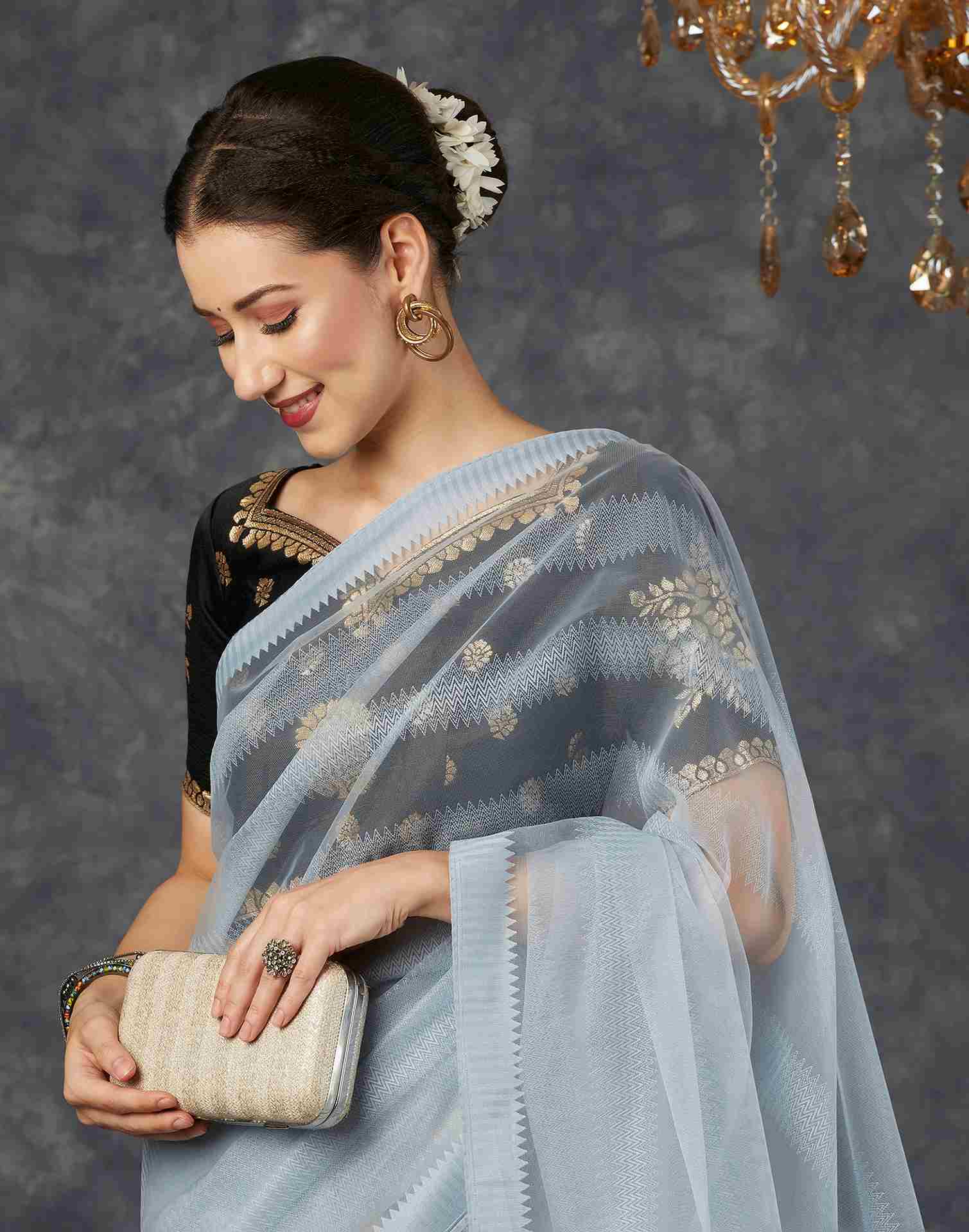 Steel Grey Net Plain Saree