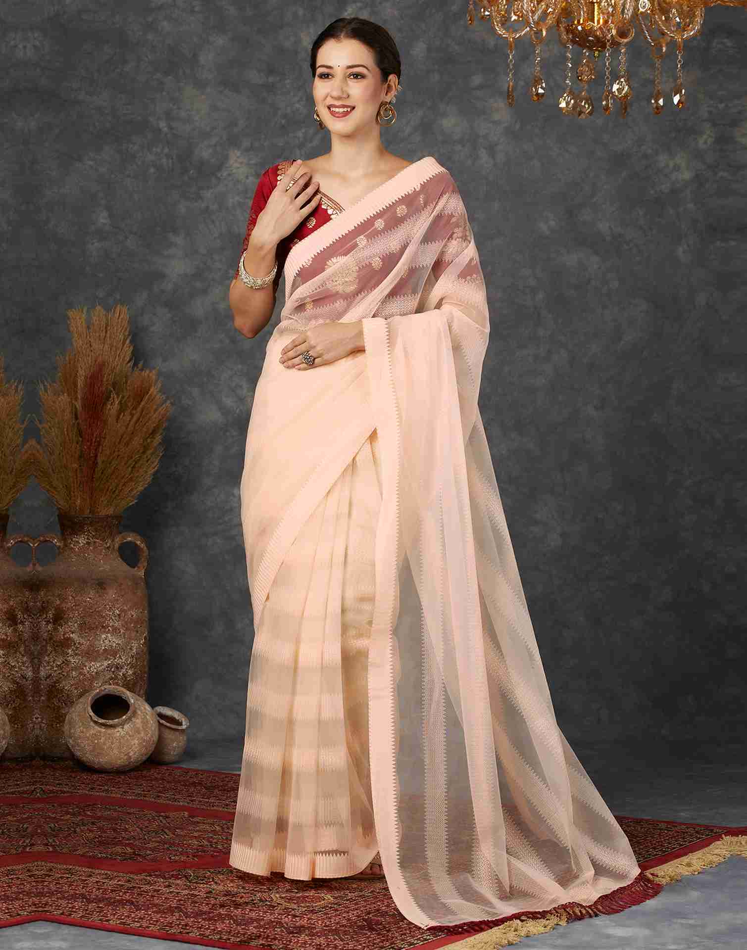 Light Peach Net Plain Saree