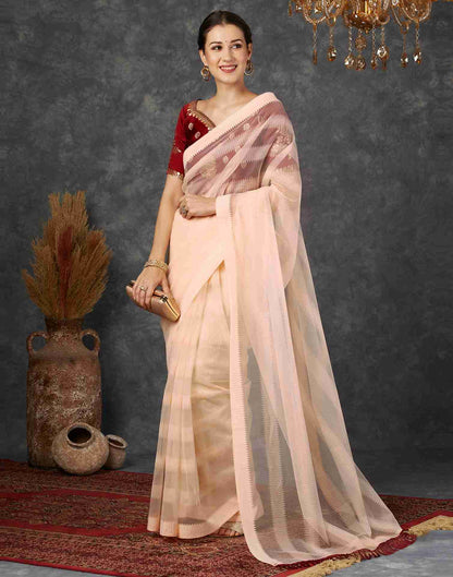 Light Peach Net Plain Saree