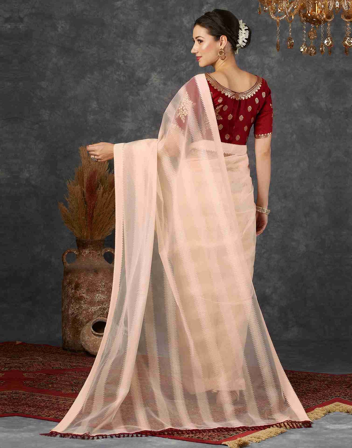 Light Peach Net Plain Saree