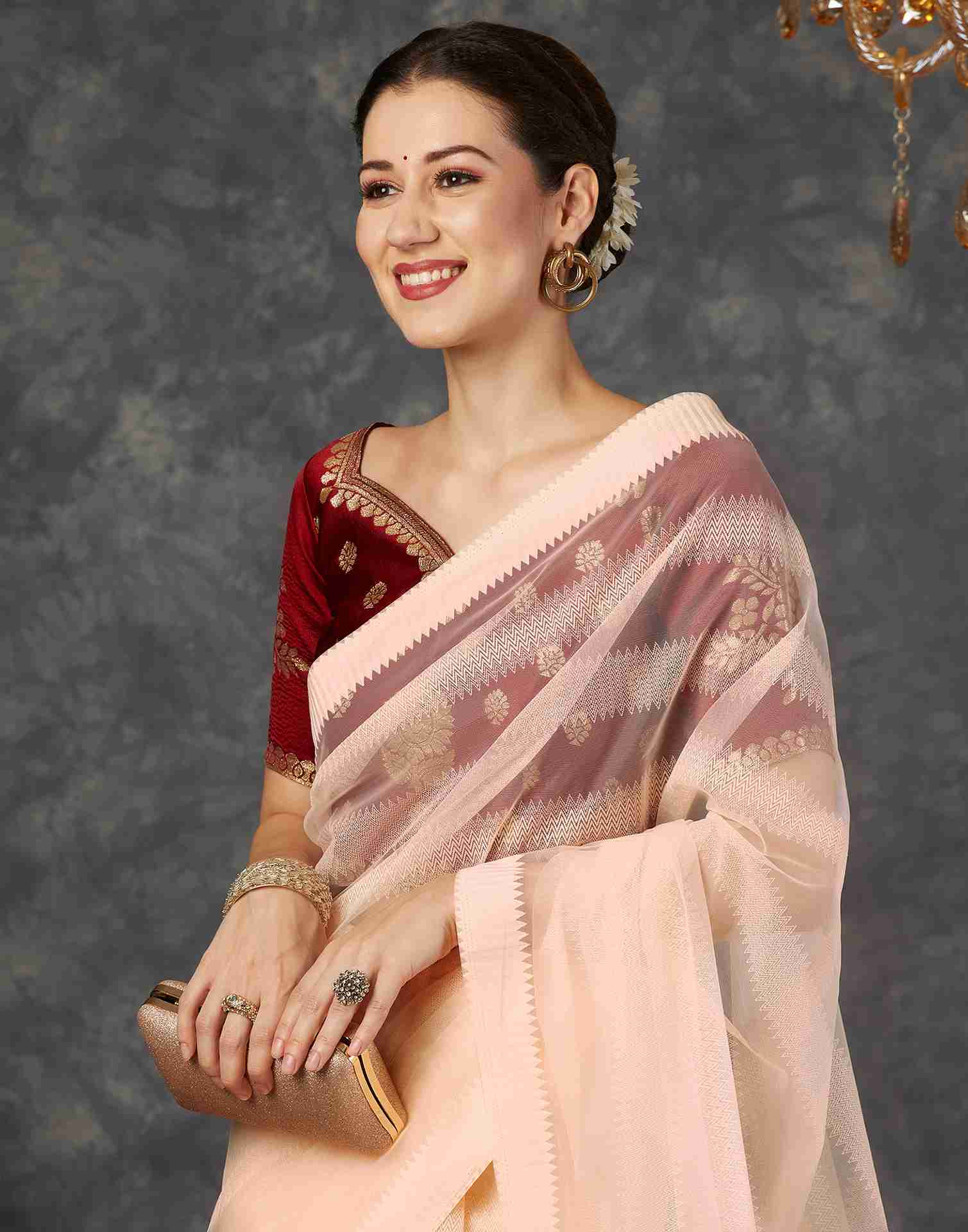 Light Peach Net Plain Saree