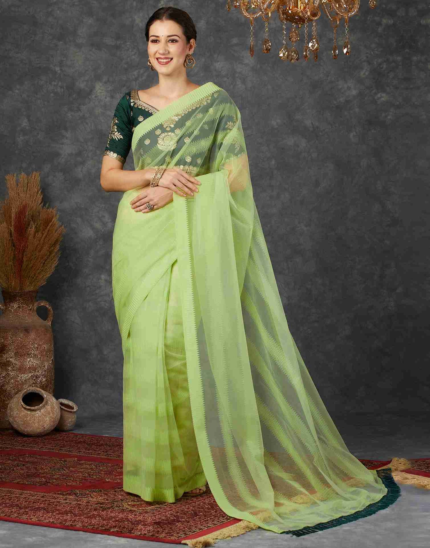 Light Green Net Plain Saree