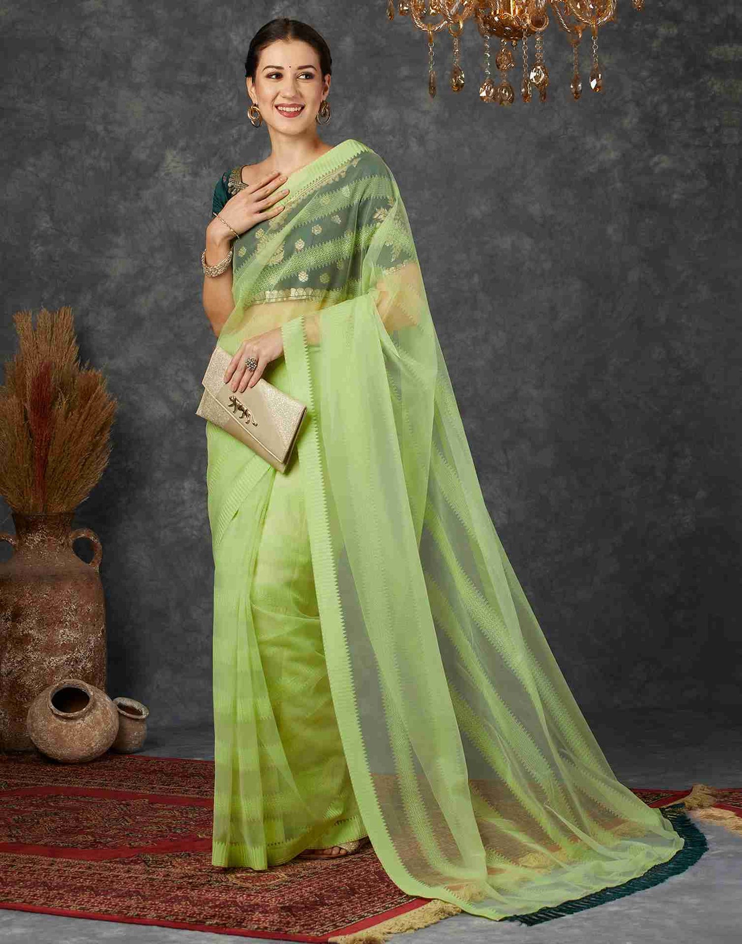 Light Green Net Plain Saree