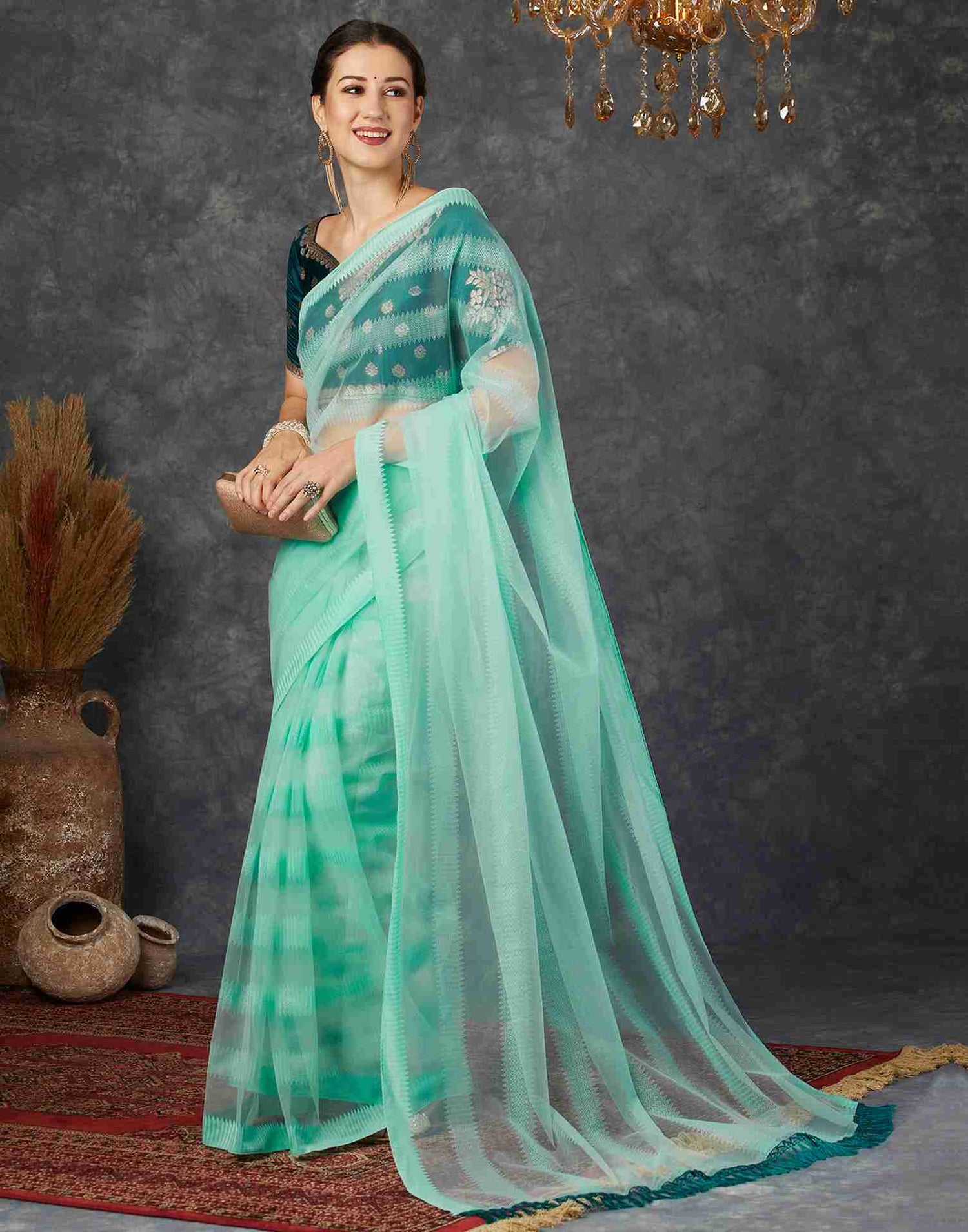 Pale Turquoise Net Plain Saree