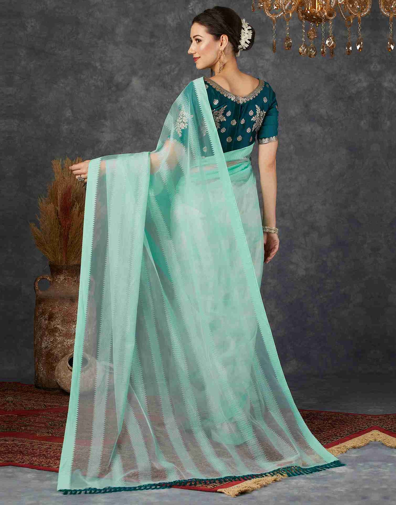 Pale Turquoise Net Plain Saree