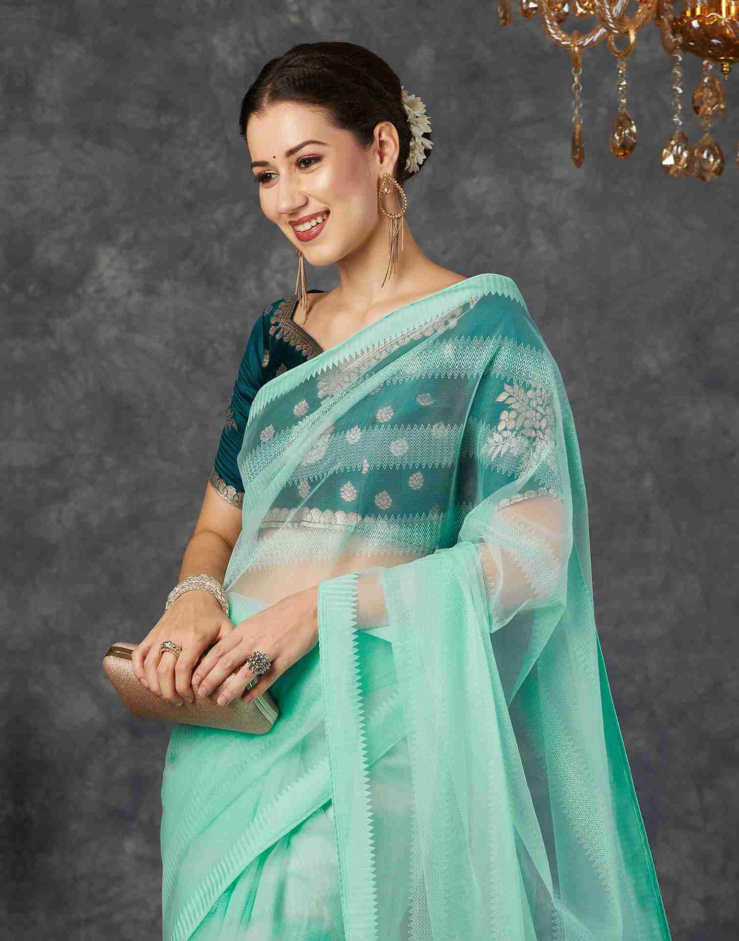 Pale Turquoise Net Plain Saree