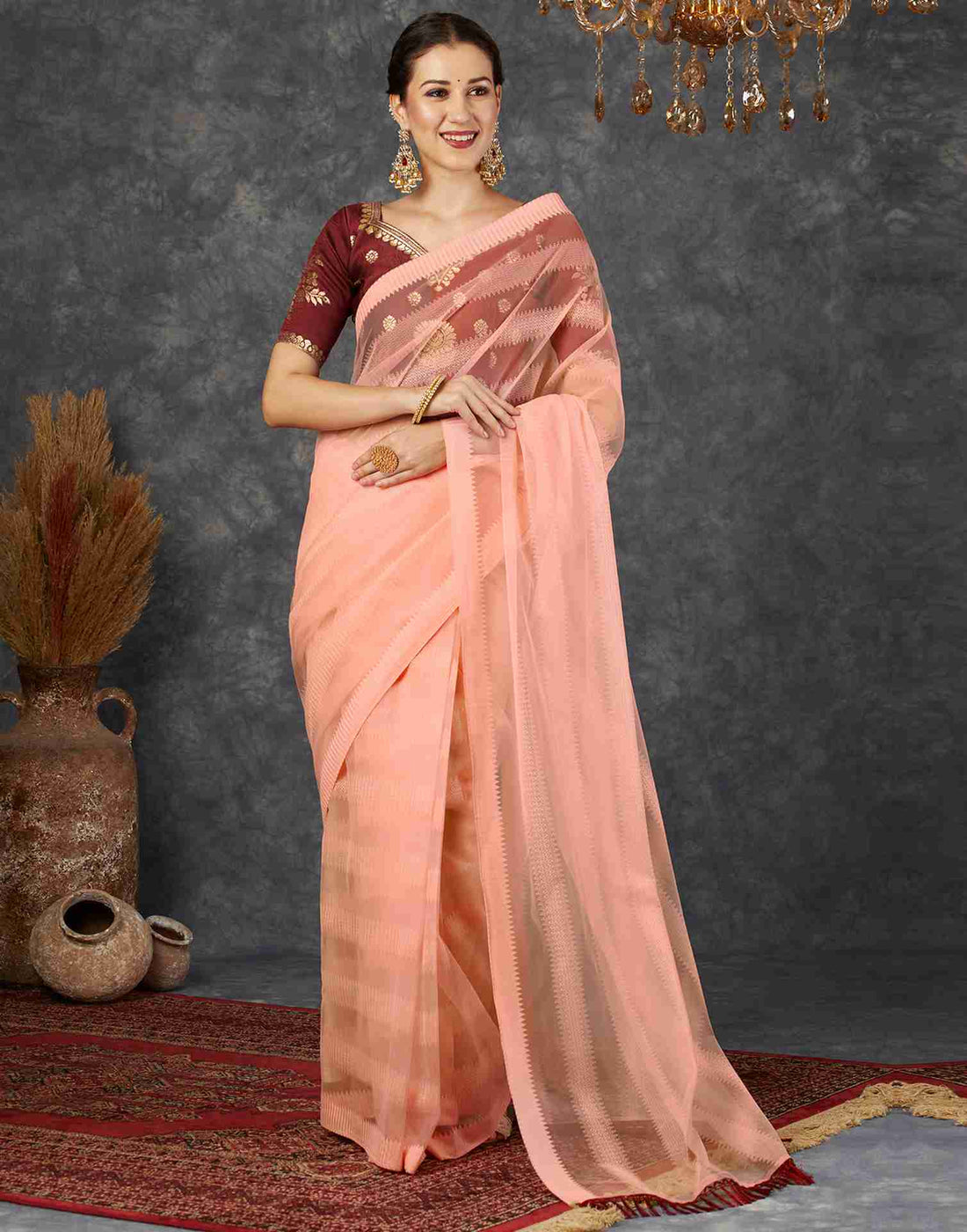 Rose Pink Net Plain Saree