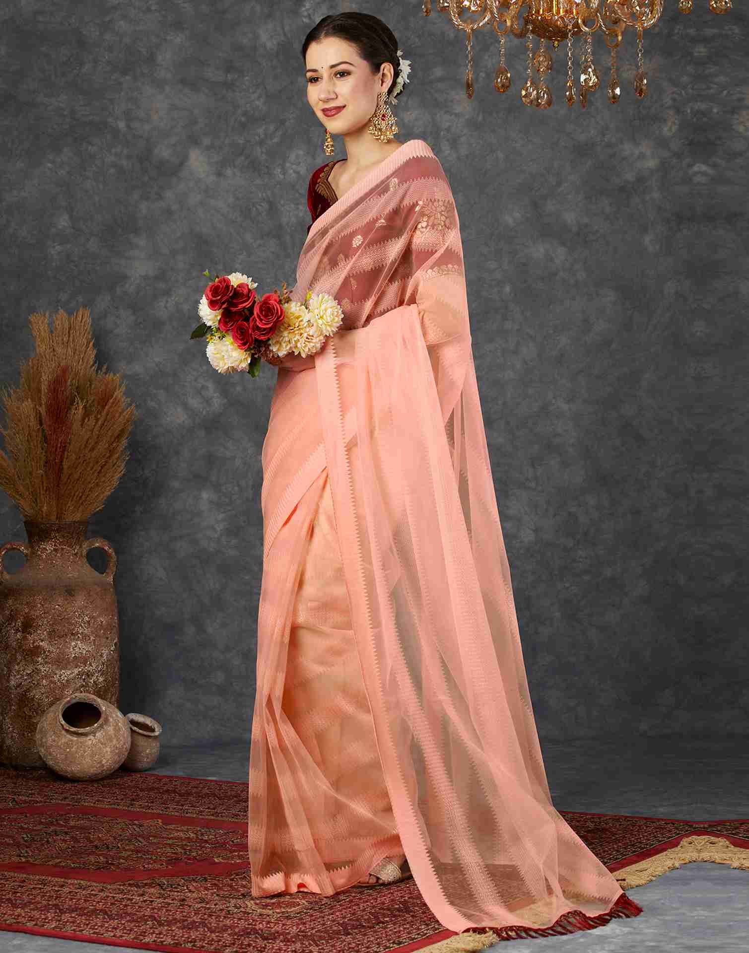 Rose Pink Net Plain Saree