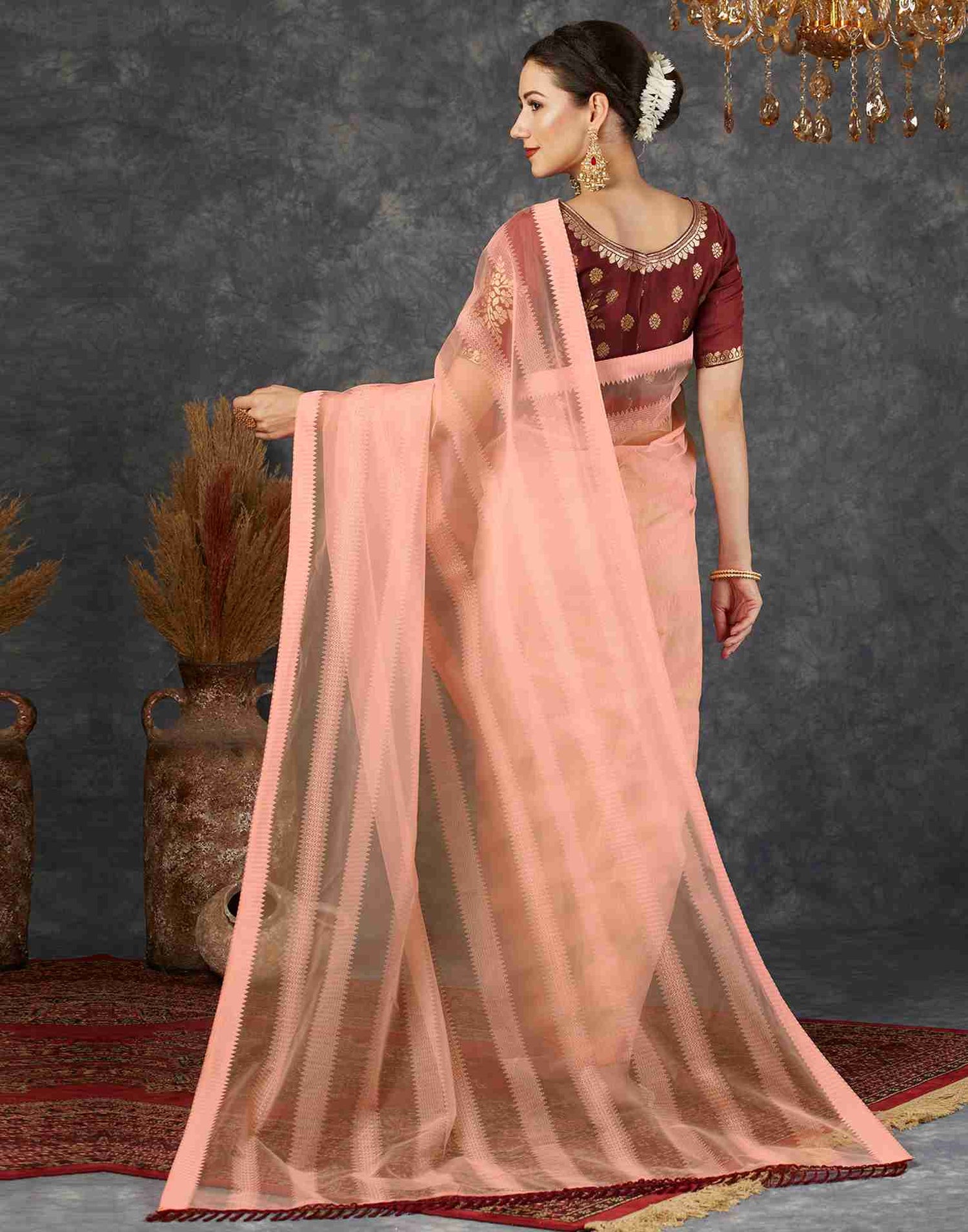 Rose Pink Net Plain Saree