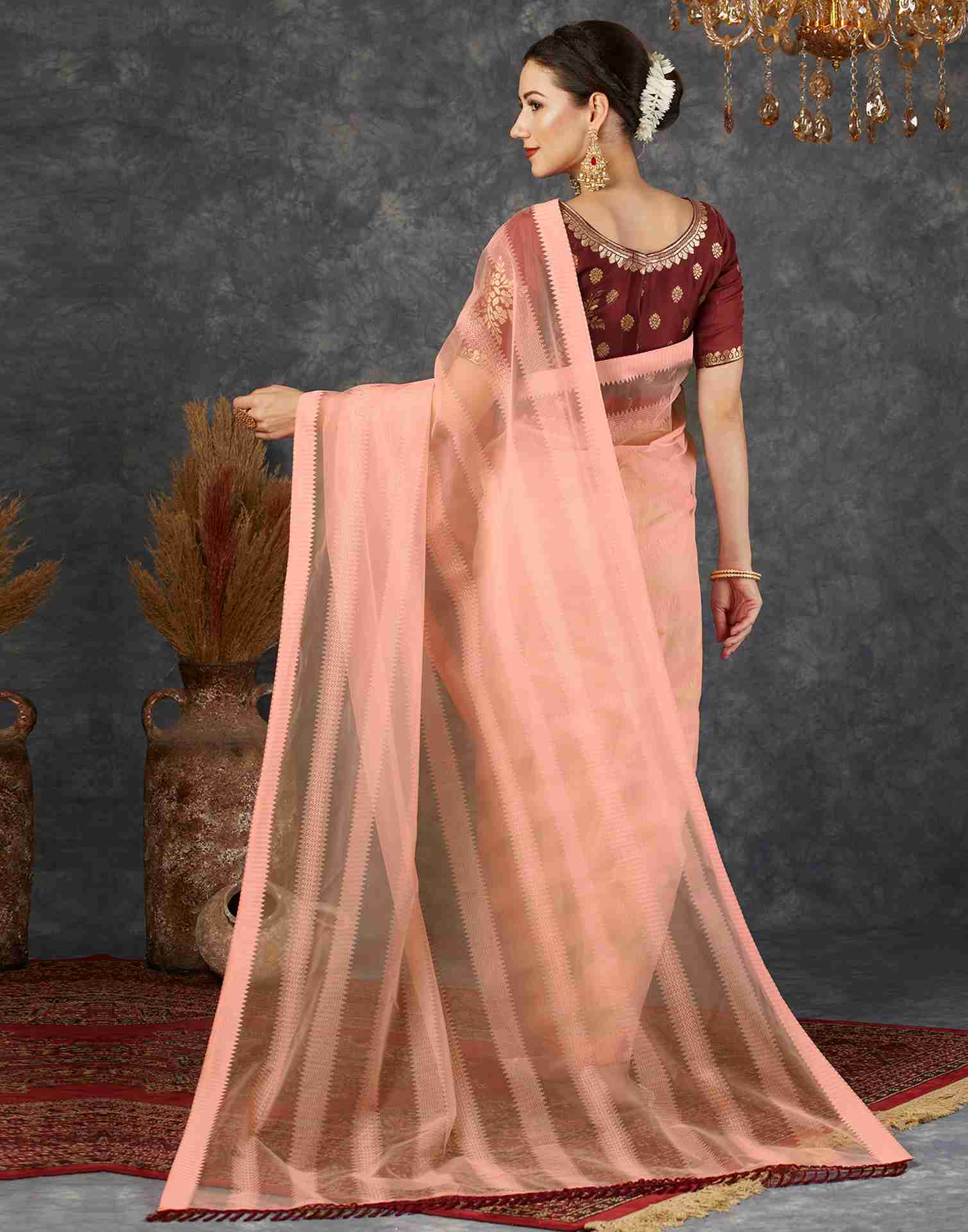 Rose Pink Net Plain Saree